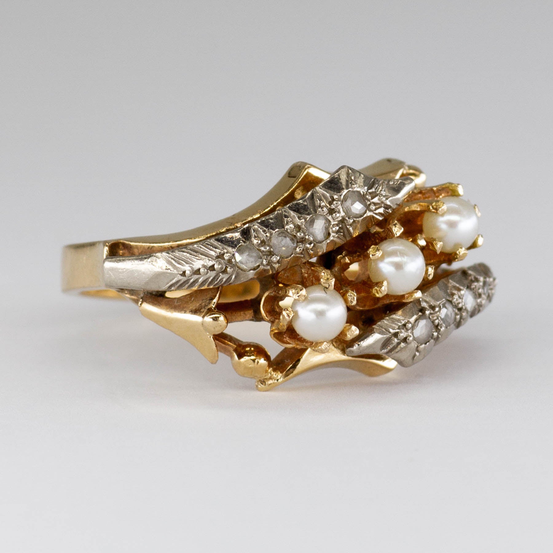 Bague vintage en or 18 carats avec perle et diamant taille rose | 0,08 ct | Taille 6,75 |
