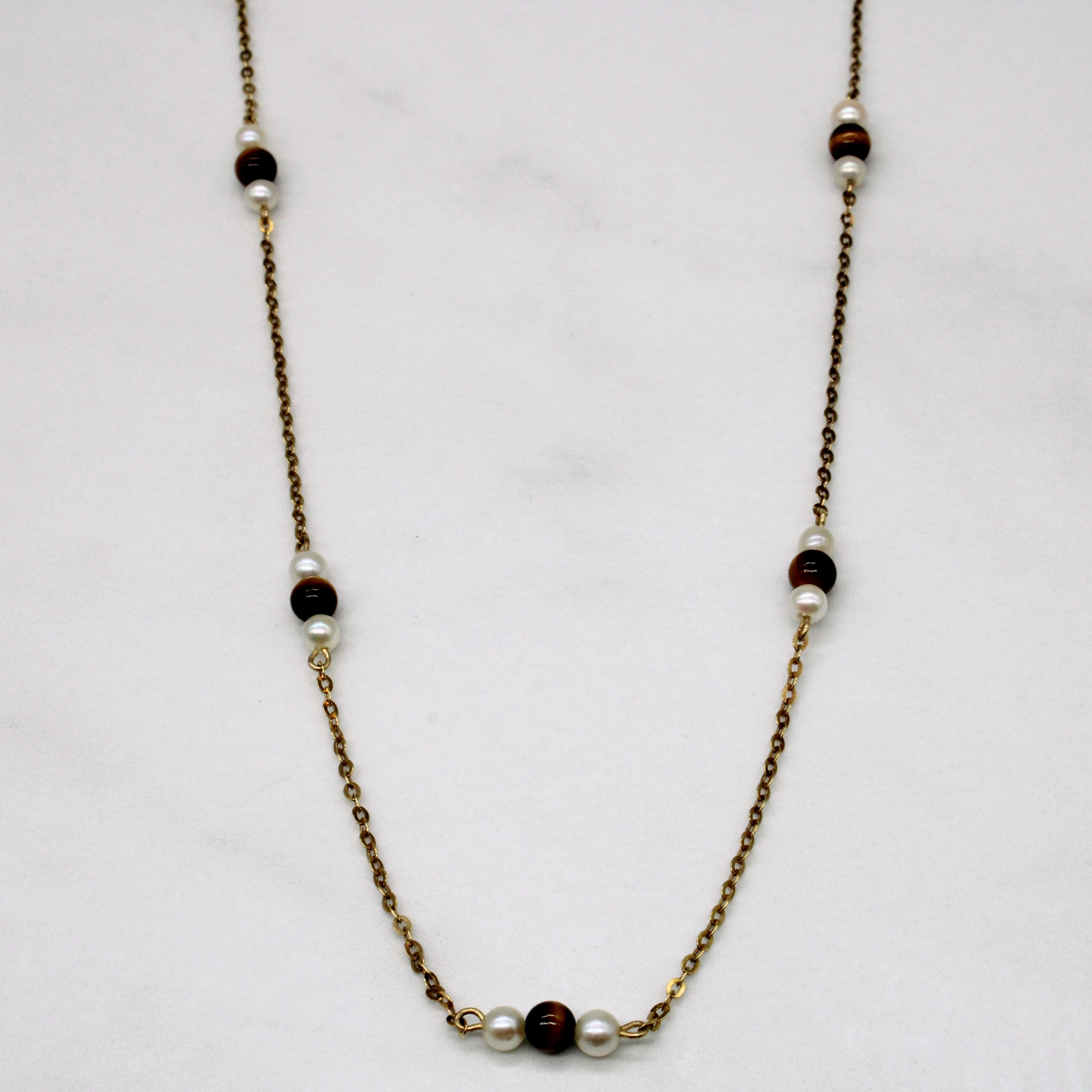 Tiger Eye & Pearl Bead Necklace | 2.50ctw | 16" |