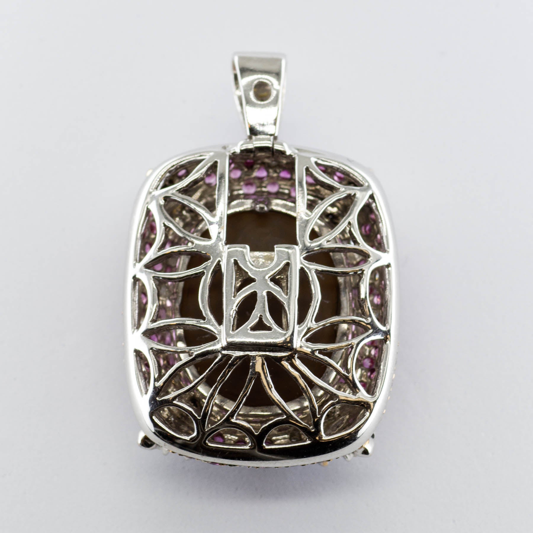 Pendentif/bague convertible en or blanc 18 carats avec opale noire, saphir rose et diamants | 15,85 ct | Taille 7