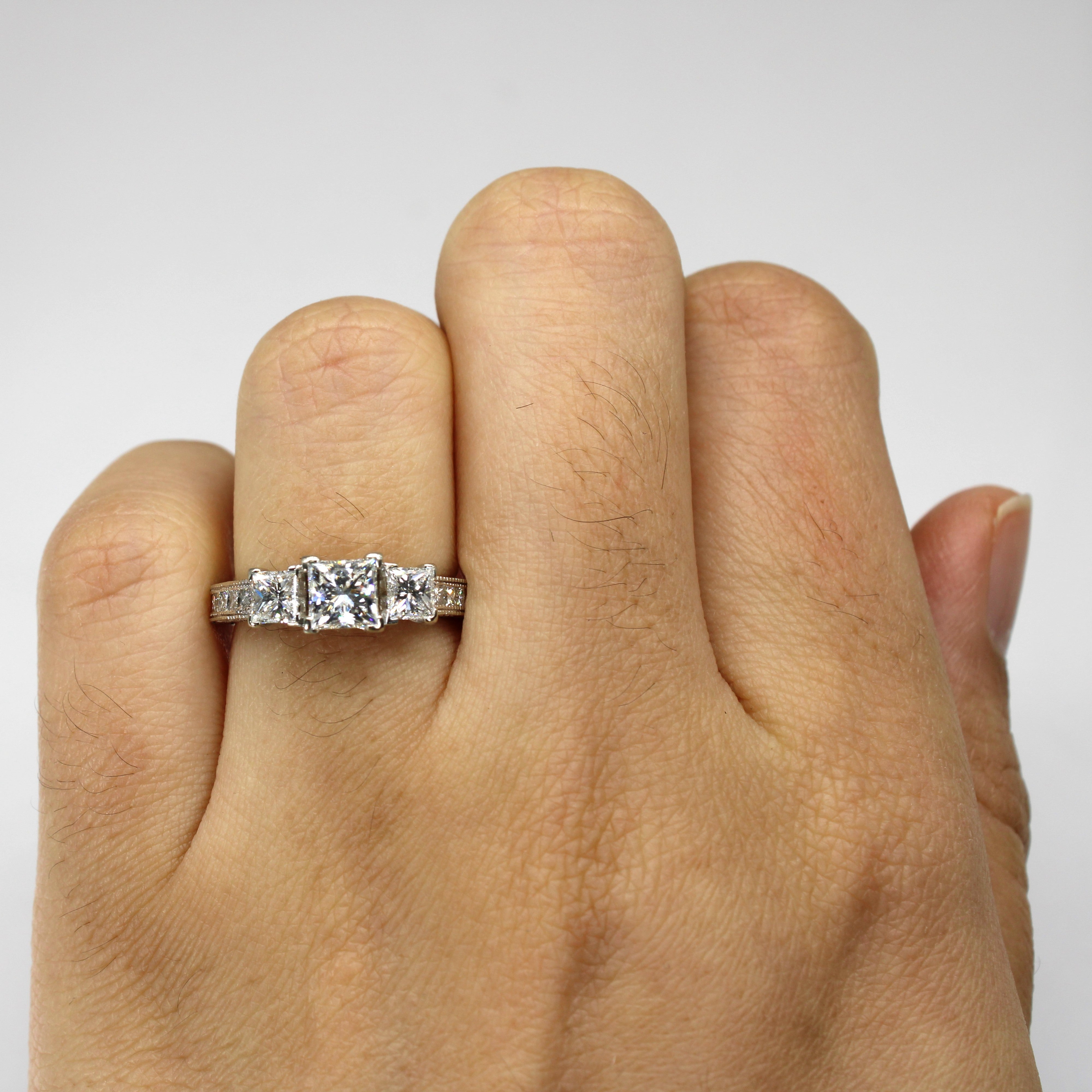 Three Stone Princess Diamond with Accents Engagement Ring | 1.67ctw VVS2/VS1 H/I | SZ 5.25 |
