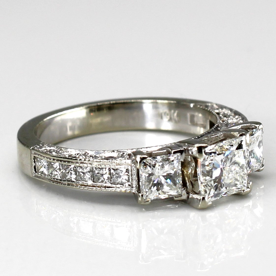 Three Stone Princess Diamond with Accents Engagement Ring | 1.67ctw VVS2/VS1 H/I | SZ 5.25 |