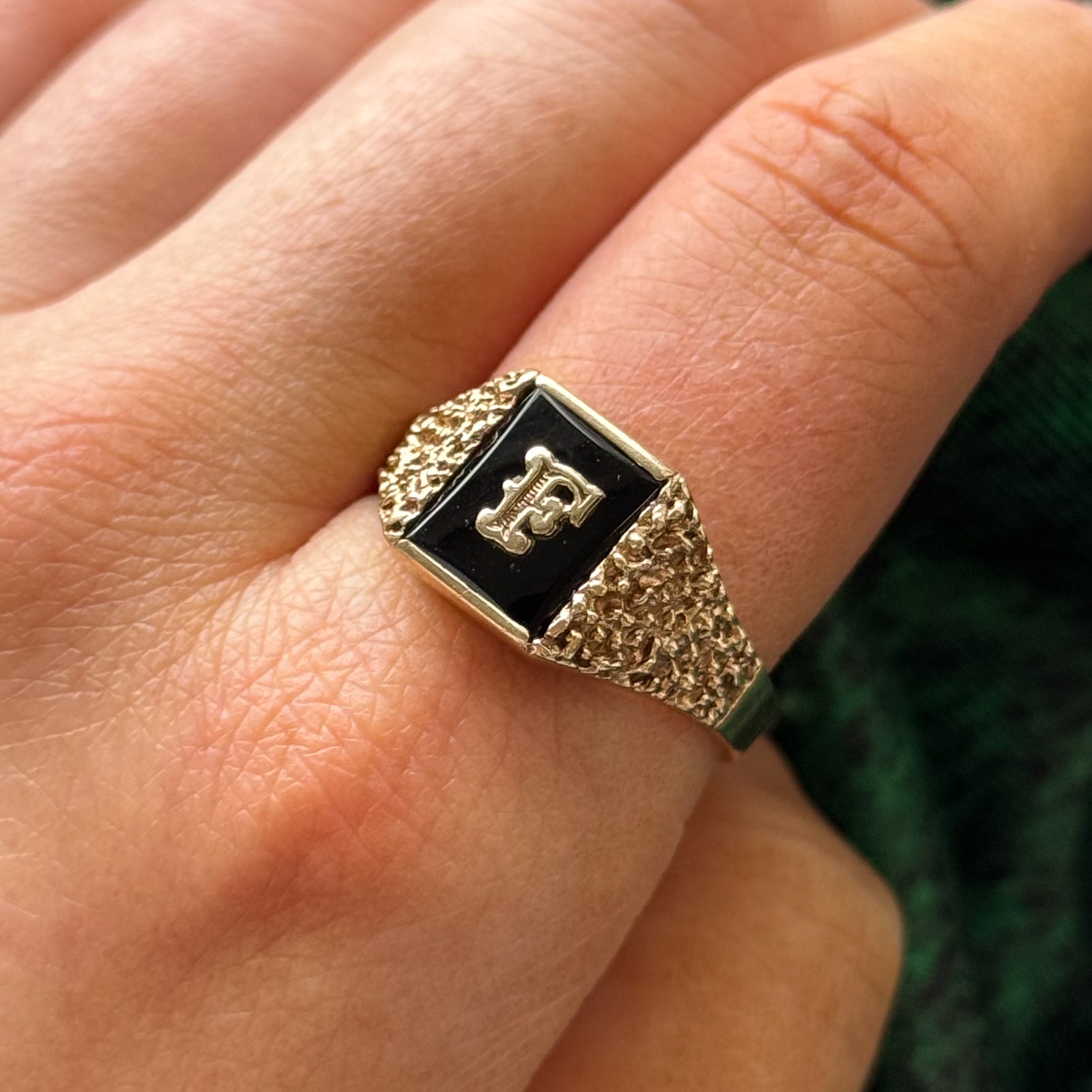 Onyx 'F' Signet Ring | 1.00ct | SZ 11.25 |