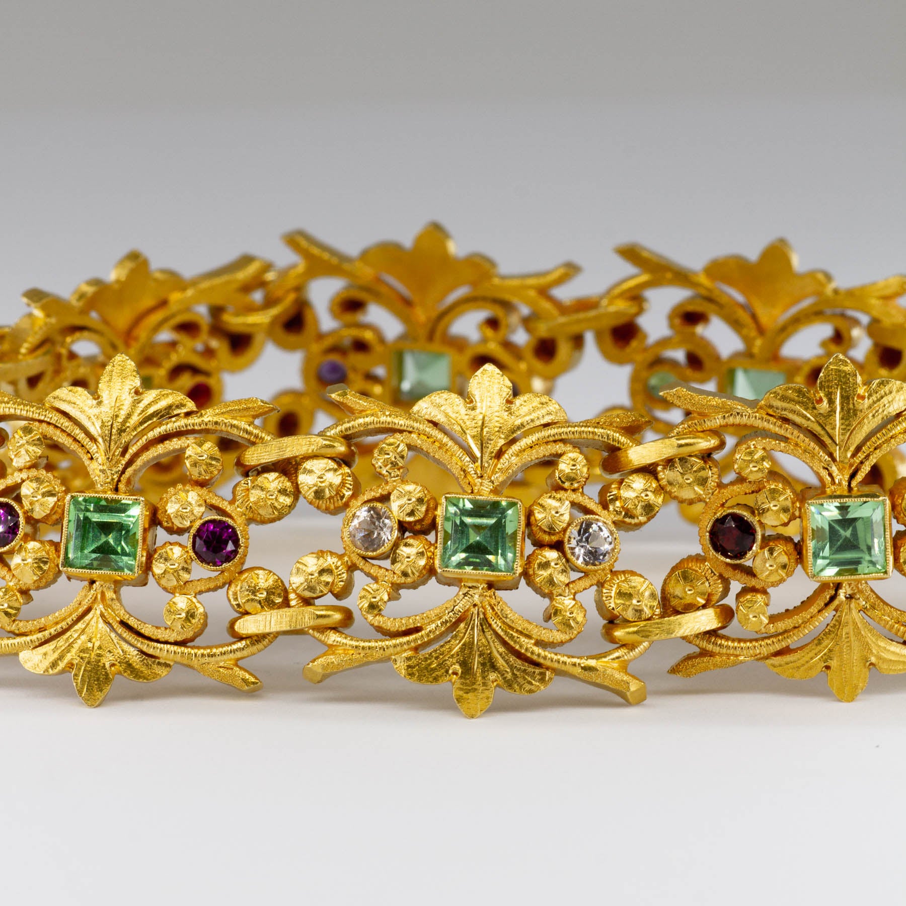 20k Intricate Gold Bracelet with Multiple Gemstones | 6.00ctw | 8"