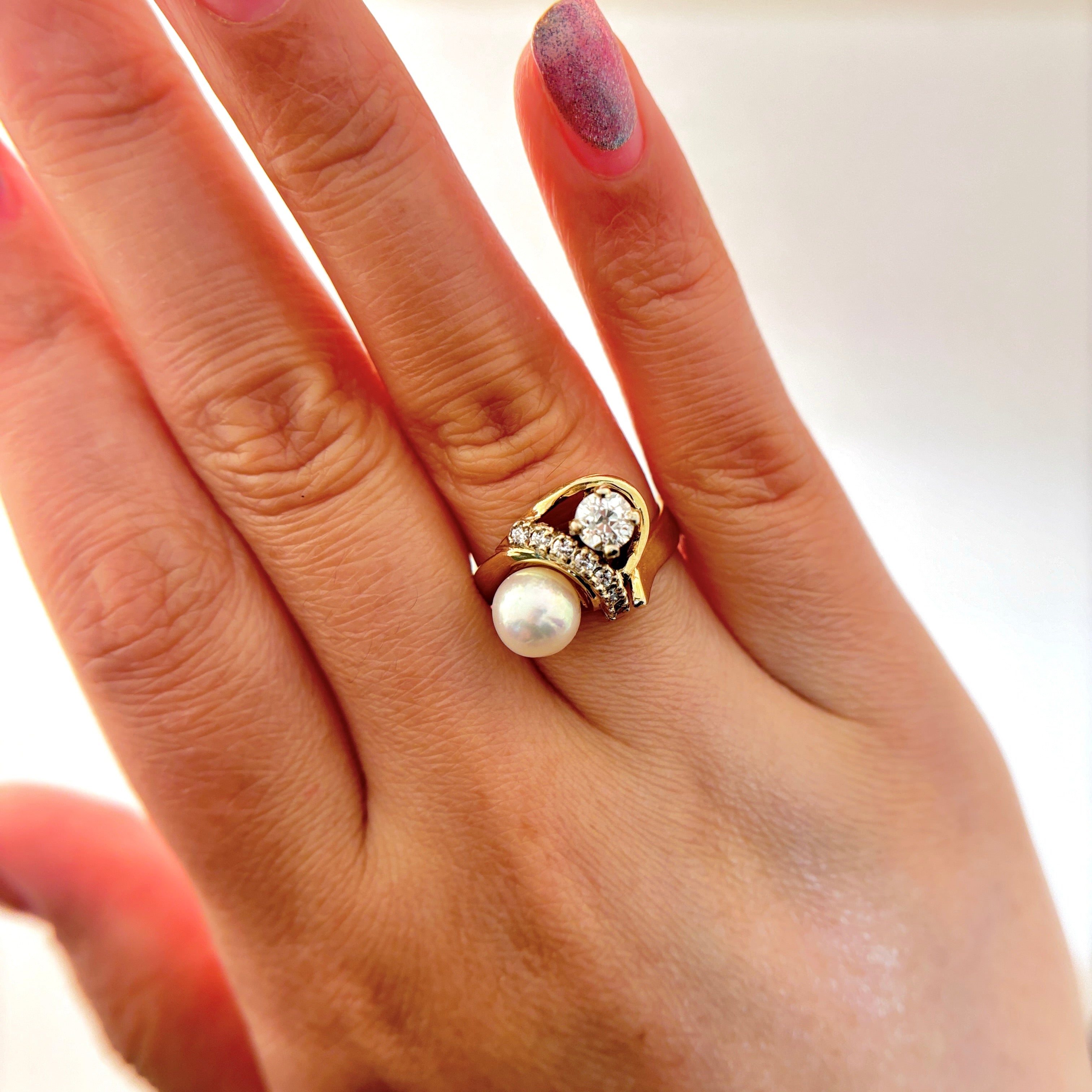 Bague vintage en perle et diamant taille ancienne européenne | 7,50 mm, 0,79 ct | Taille 8 |