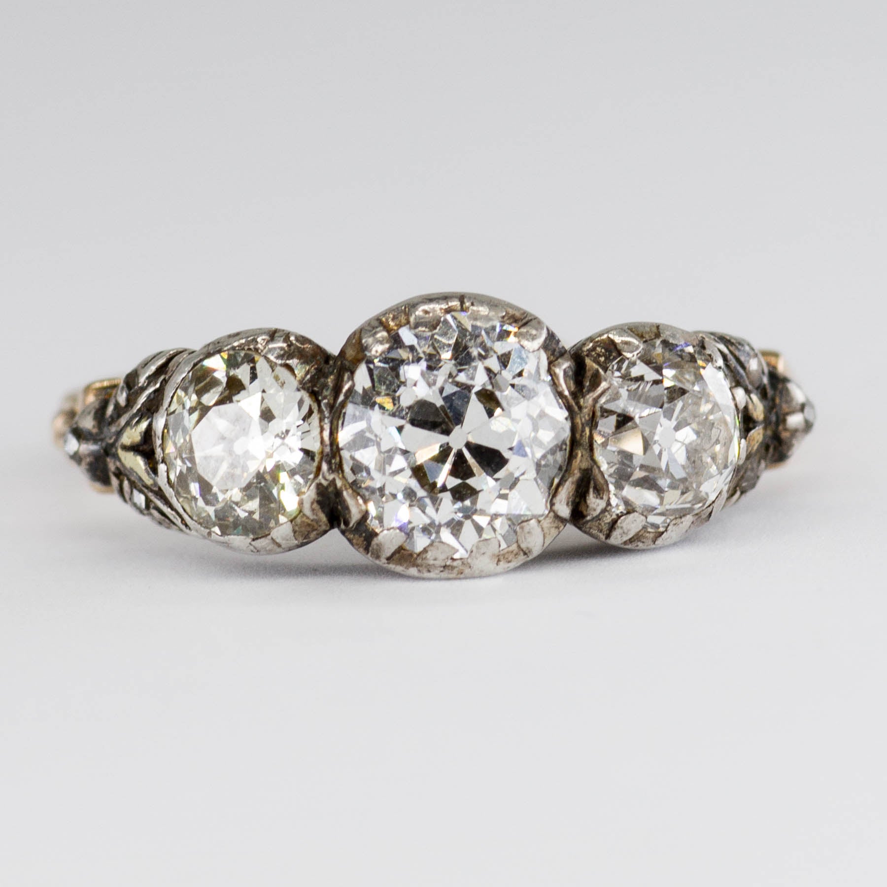 Antique Gold and Old European Diamond Three Stone Ring | 1.62ctw | SZ 6