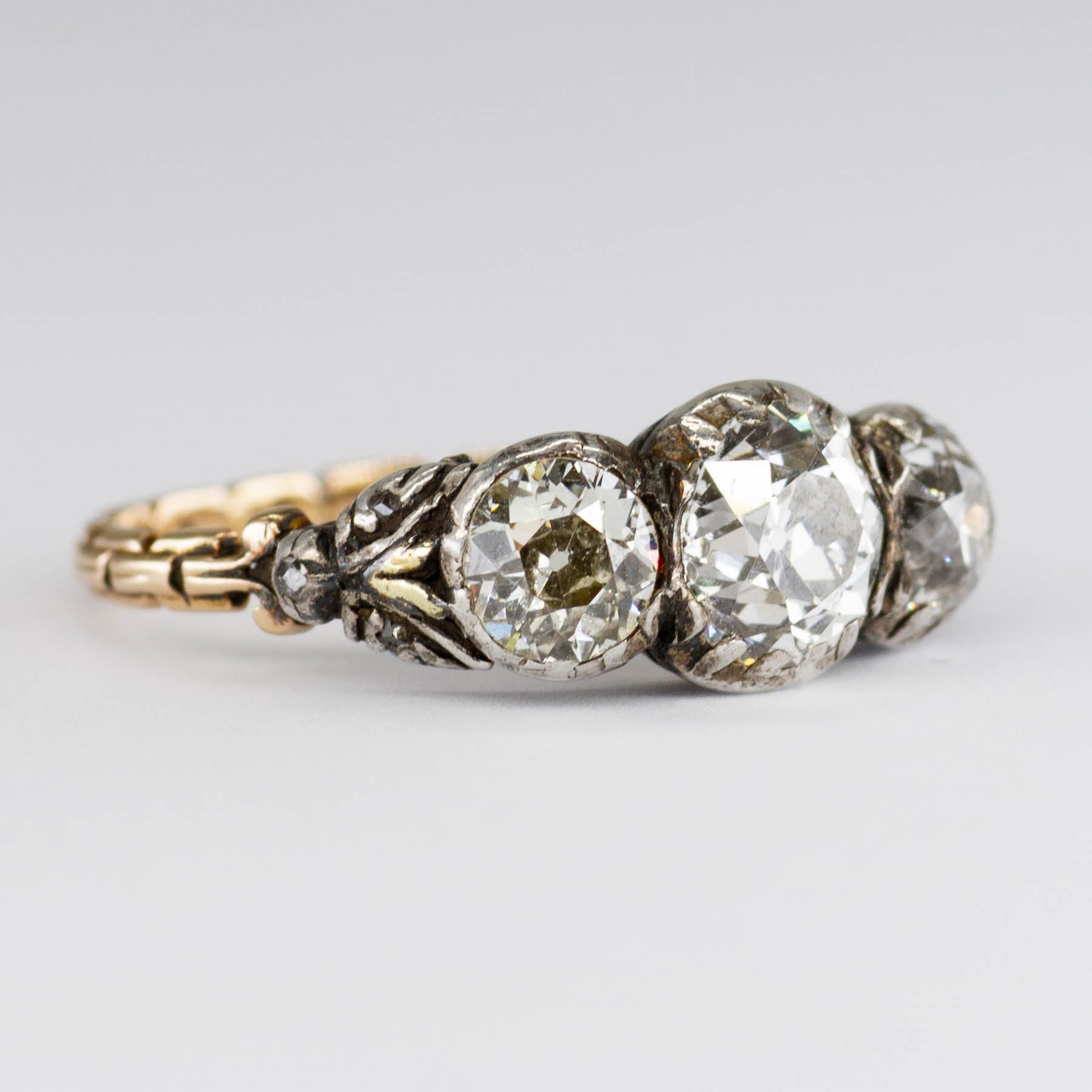 Antique Gold and Old European Diamond Three Stone Ring | 1.62ctw | SZ 6