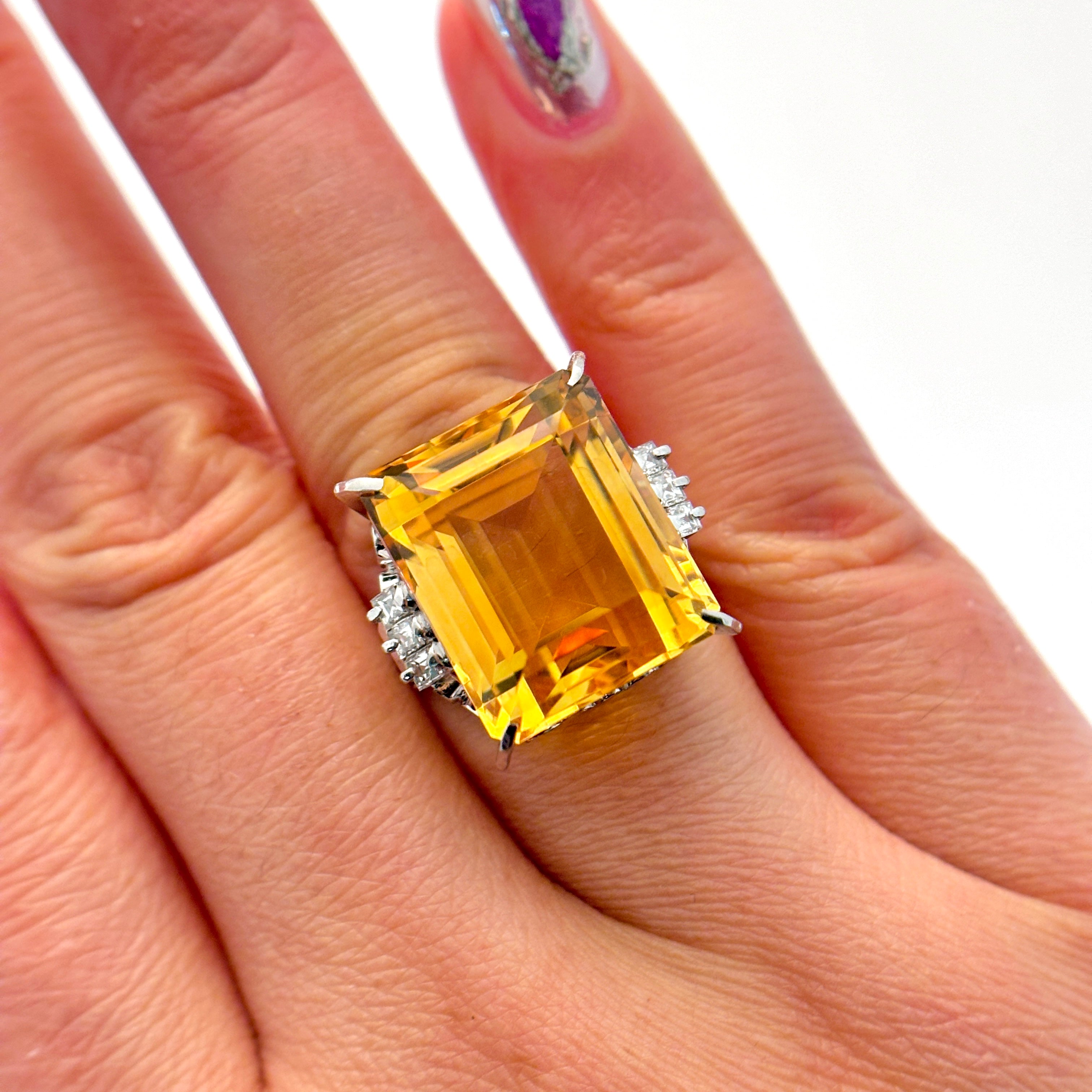 Platinum Citrine and Diamond Cocktail Ring | 18.73ct, 0.32ctw | SZ 5.75 |