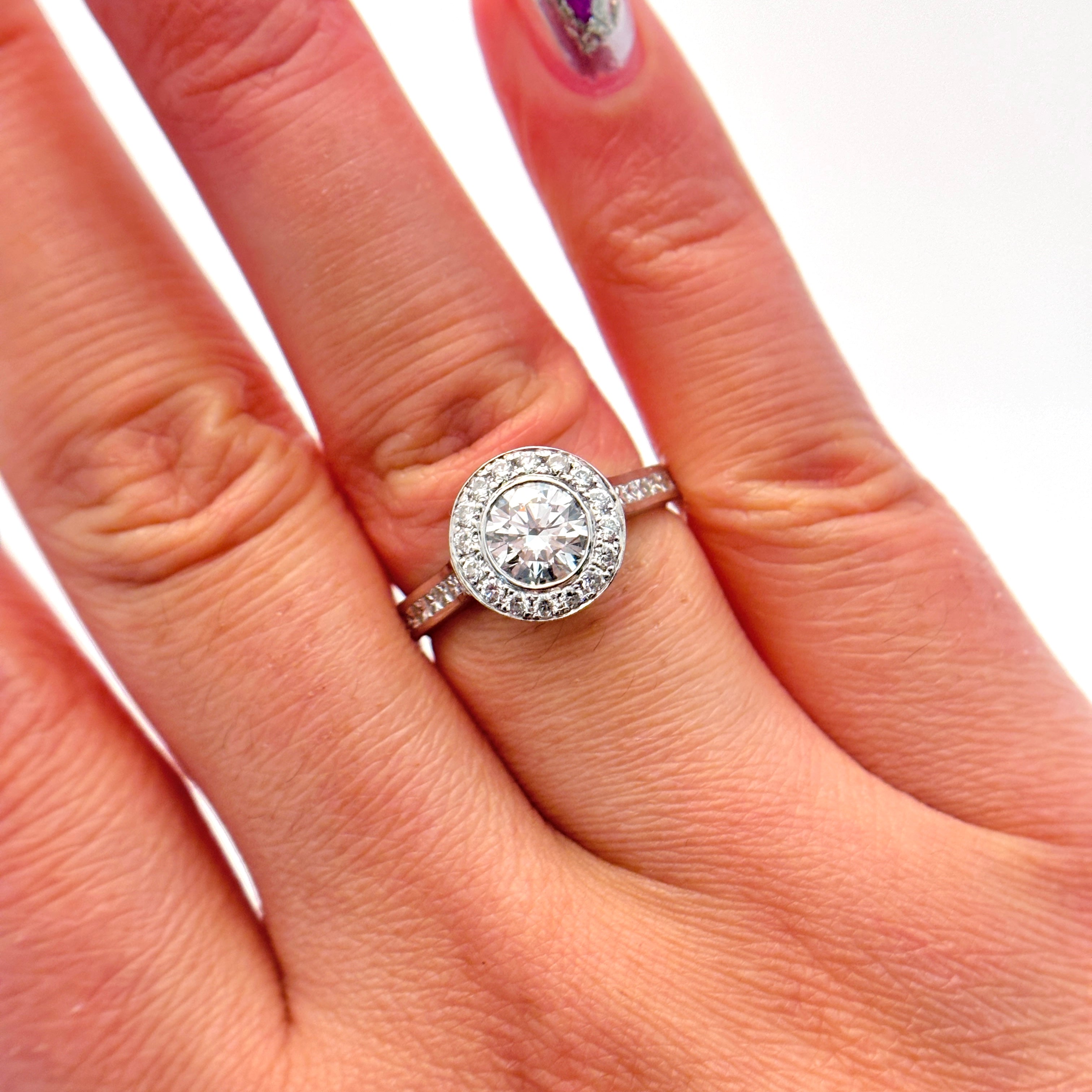 14K White Gold Halo Diamond Engagement Ring | 1.38ctw VS2 F/G | SZ 6.5 |