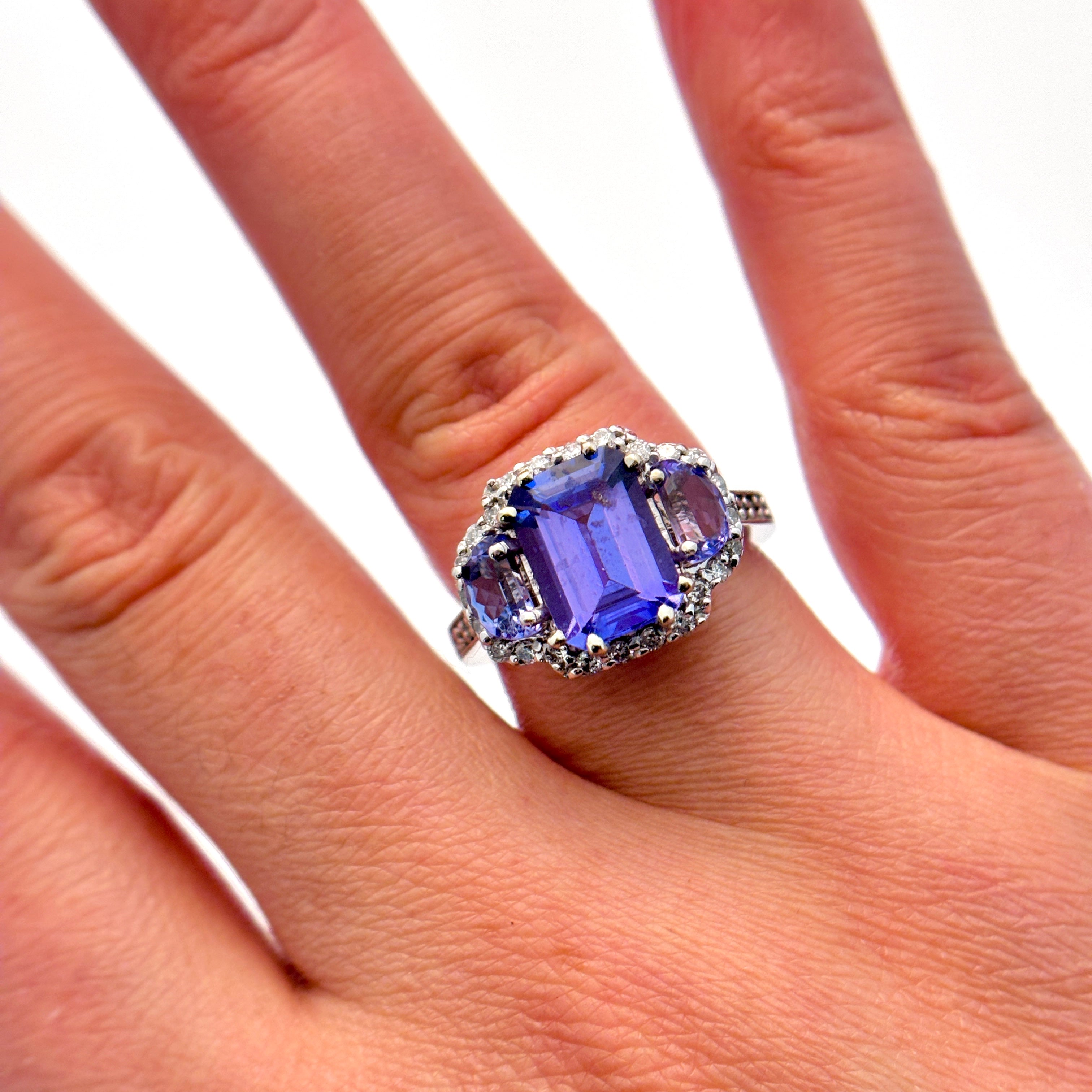 14K Tanzanite and Diamond Three Stone Ring | 3.40ctw, 0.50ctw | SZ 6.75 |