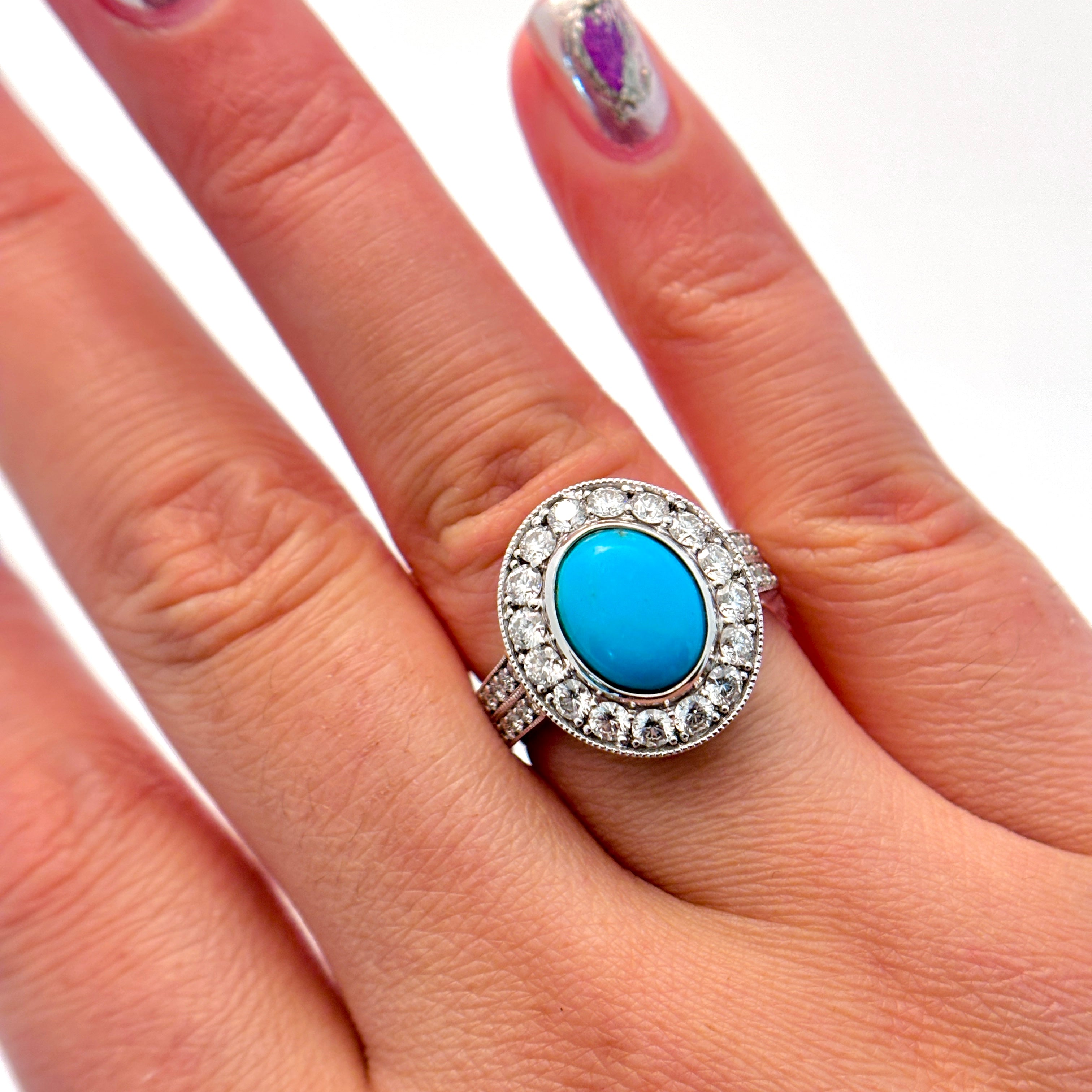 Bague halo turquoise et diamants 14 carats | 10 x 8 mm, 1,08 ct | Taille 6,75 |