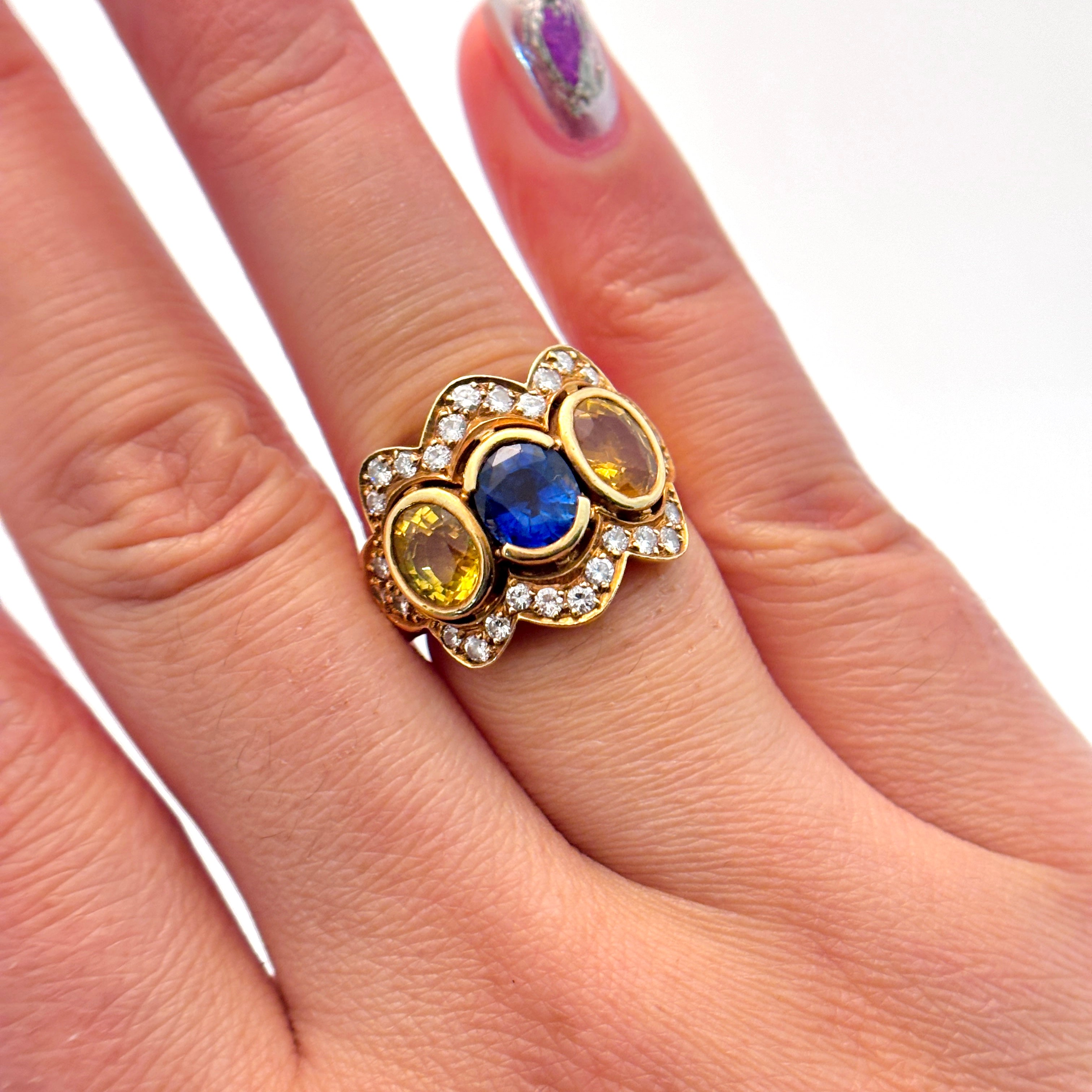 14K Blue and Yellow Sapphire and Diamond Ring | 1.45 ct, 2.30 ctw, 0.49 ctw | SZ 5.5 |