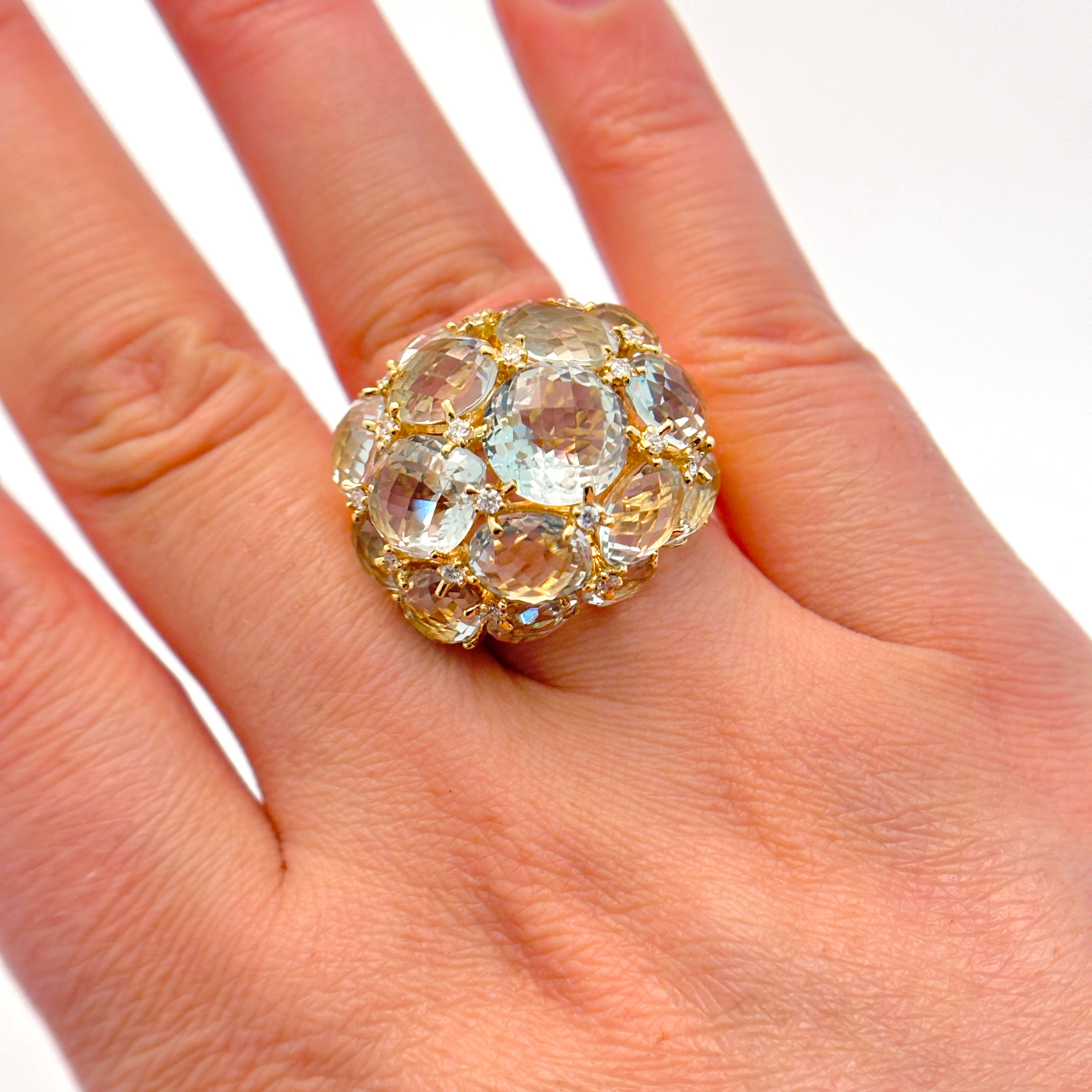 18K Yellow Gold Green Amethyst and Diamond Ring | 20.00 ct, 0.27 ctw | SZ 7 |