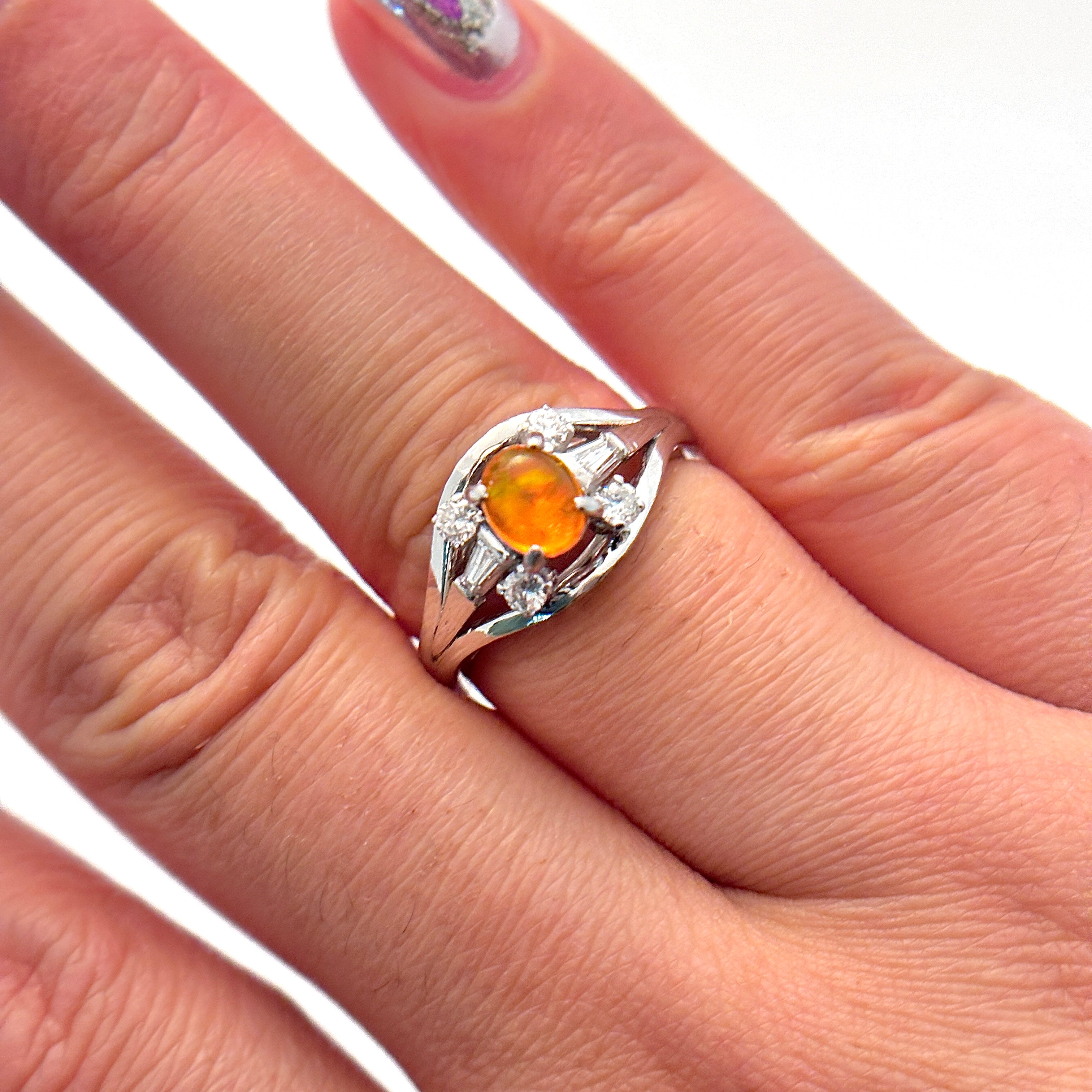 Platinum Fire Opal and Diamond Cocktail Ring | 0.47ct, 0.13ctw, 0.18ctw | SZ 6 |
