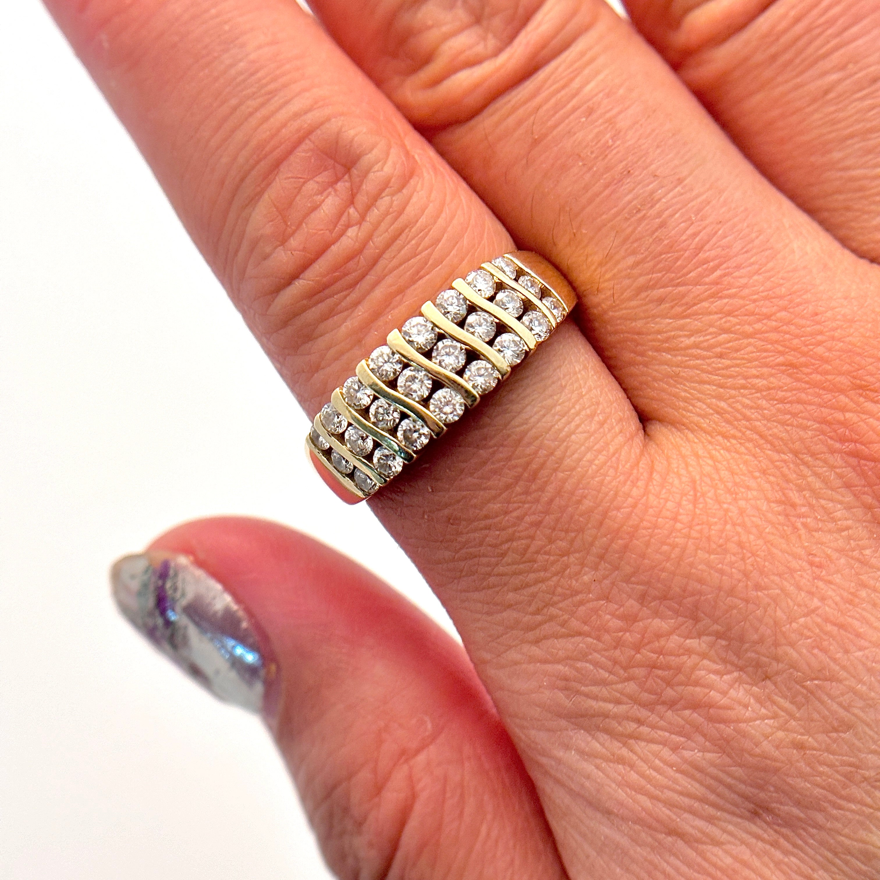 14K Yellow Gold Triple Rows Diamond Ring | 0.97ctw | SZ 10 |