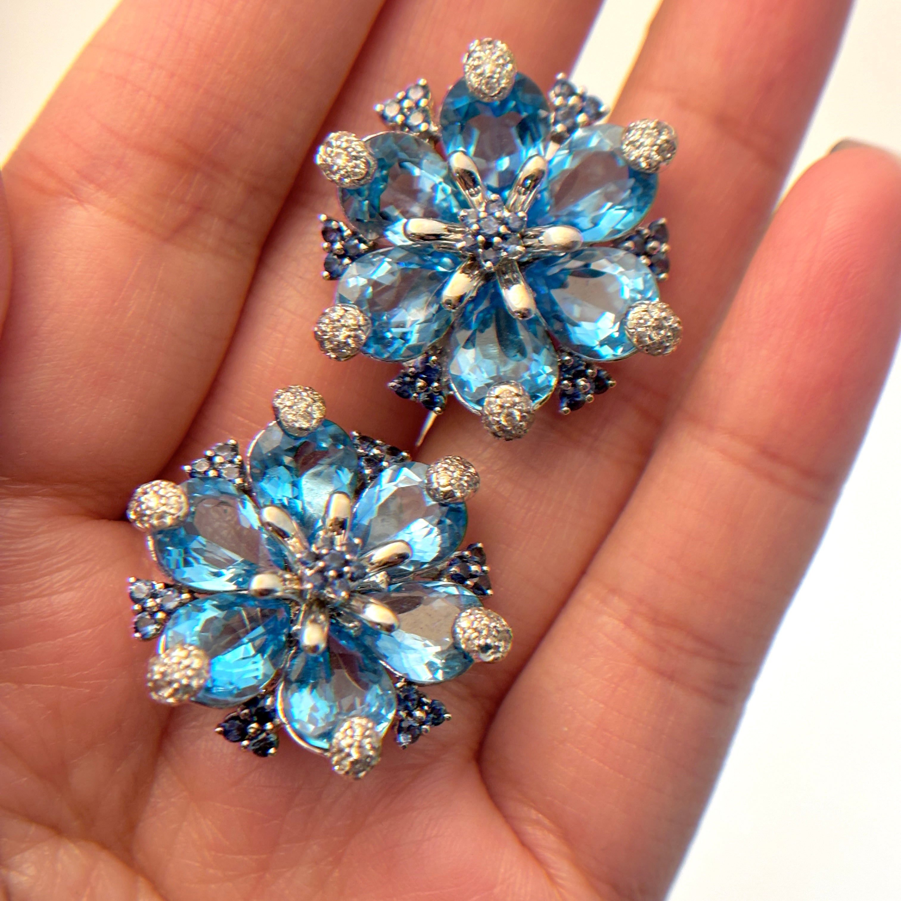 18K White Gold Blue Topaz, Sapphire, and Diamond Earrings | 36.00ctw, 1.40ctw, 1.00ctw