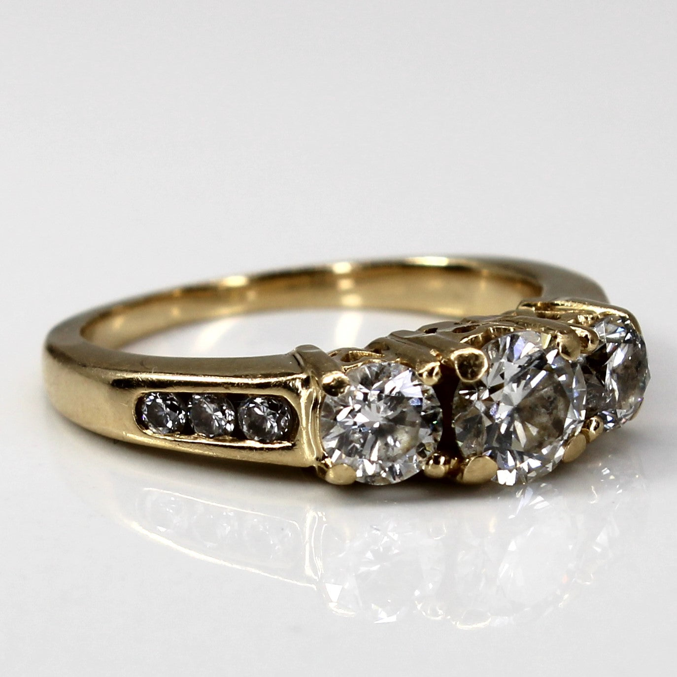 Three Stone Diamond with Accents Gold Ring | 1.32ctw I1/I2 G/H | SZ 6.5 |