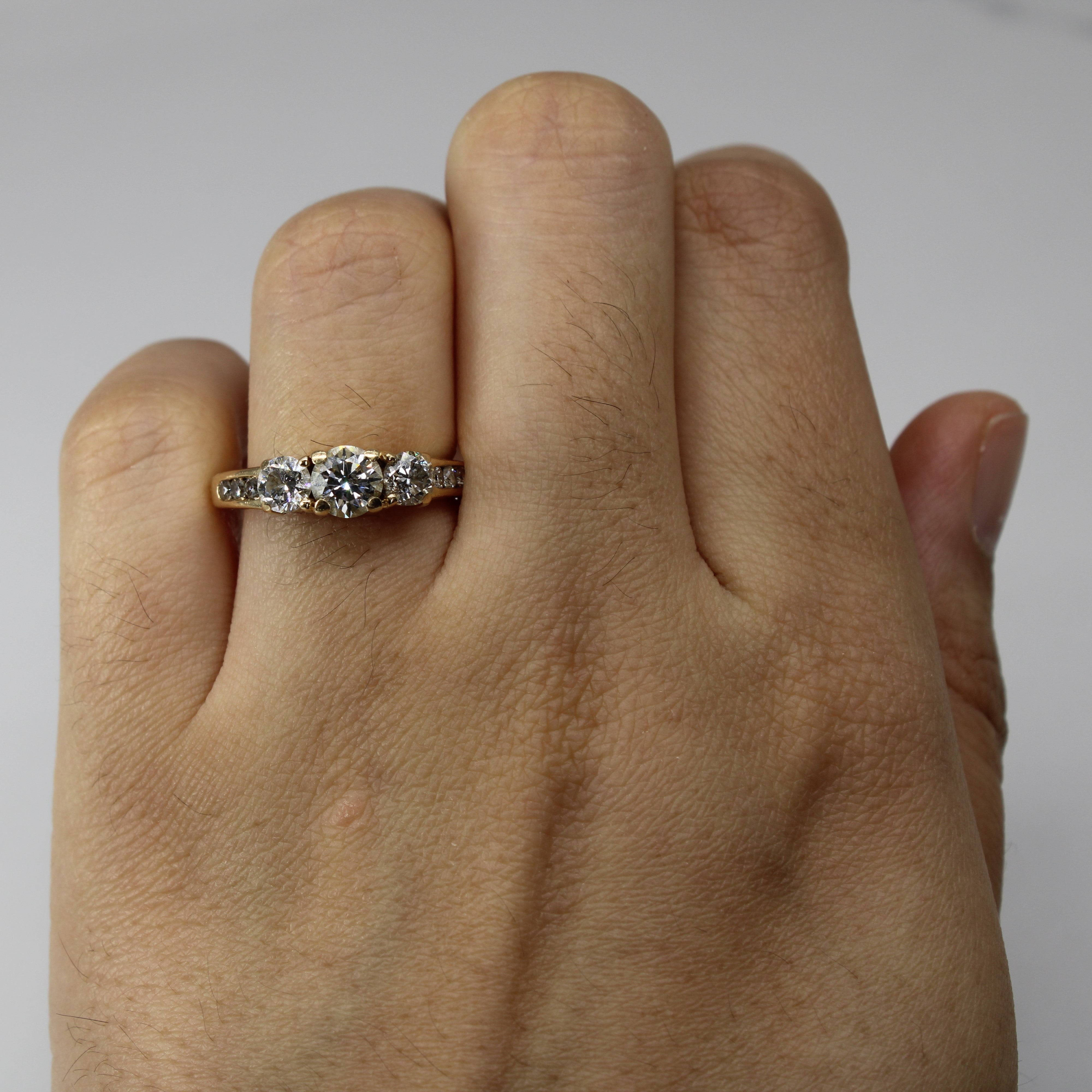 Three Stone Diamond with Accents Gold Ring | 1.32ctw I1/I2 G/H | SZ 6.5 |