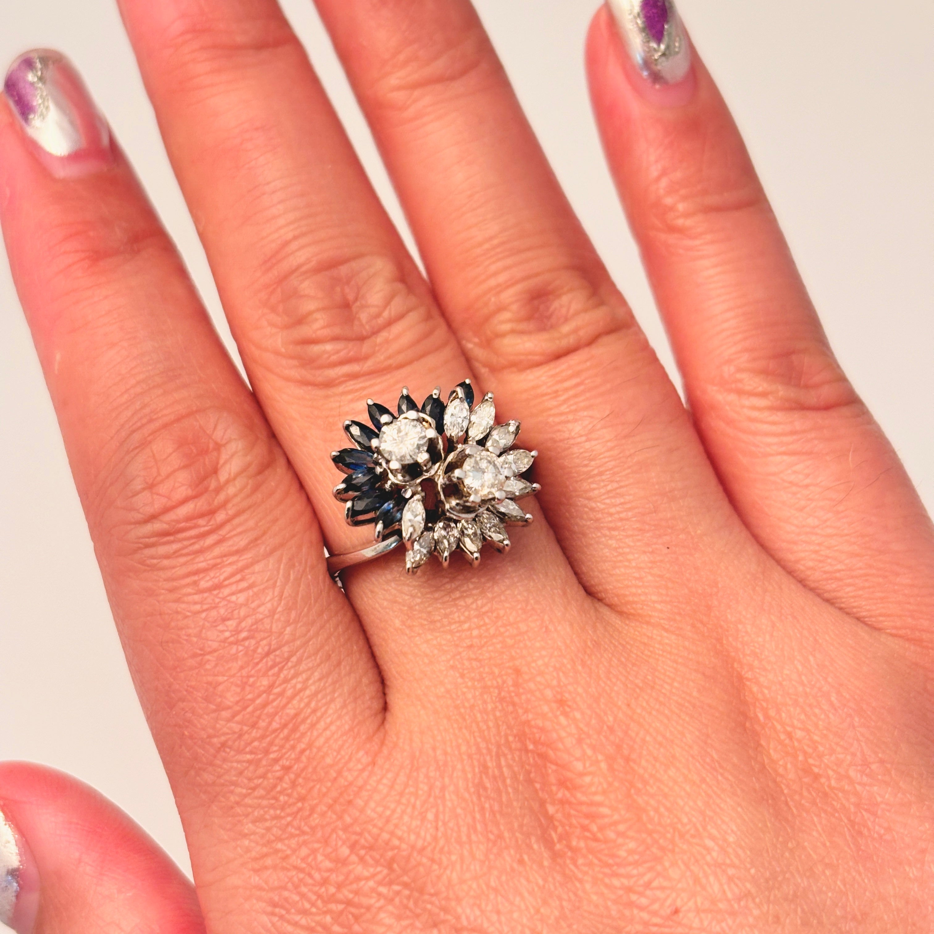 18k White Gold Blue Sapphire Diamond Ring | 0.37ctw, 1.05ctw | SZ 7.75