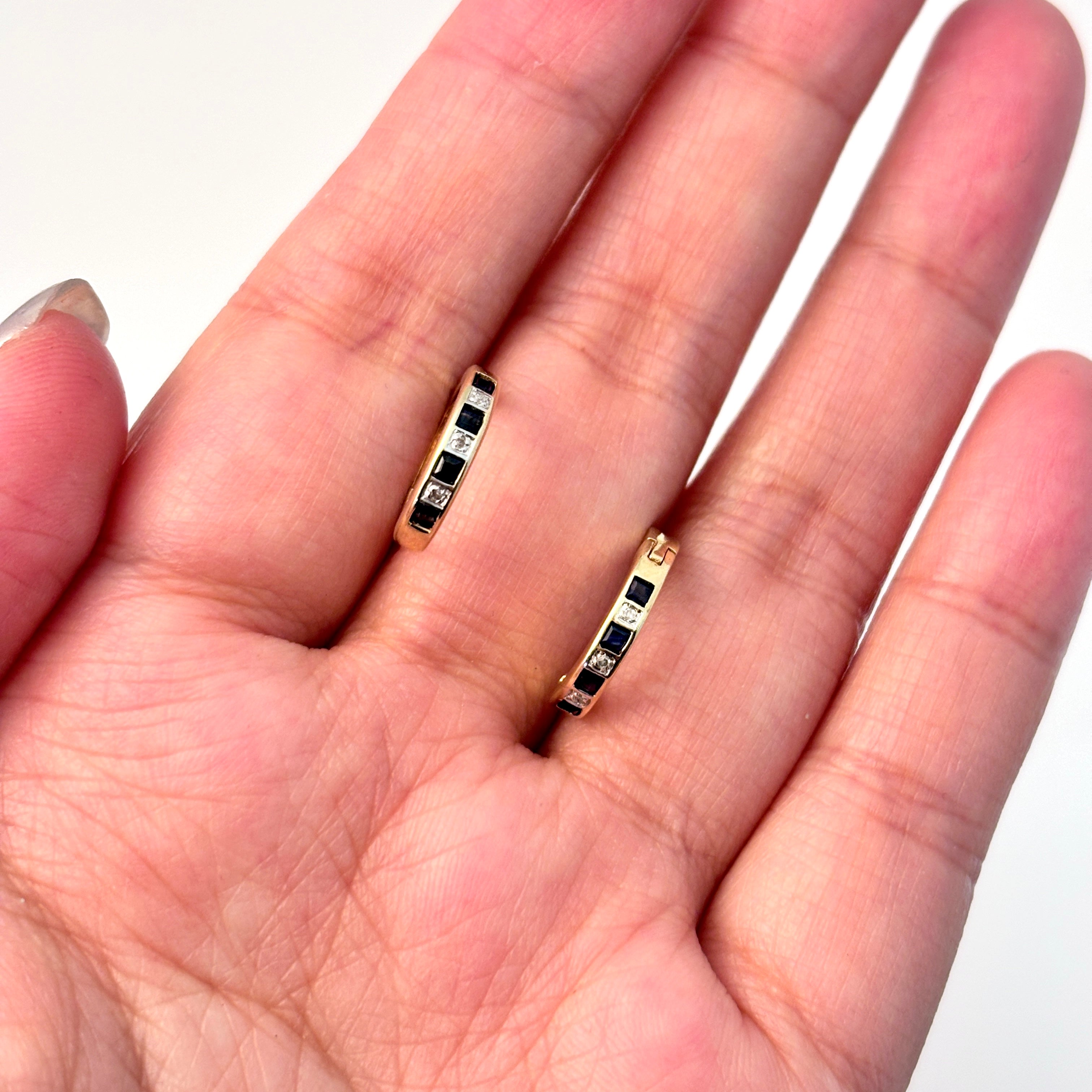 10K Yellow Gold Sapphire & Diamond Huggie Earrings | 0.192ctw, 0.03ctw