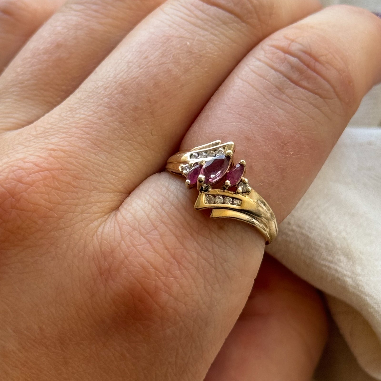 Marquise Cut Ruby & Diamond Bypass Ring | 0.36ctw, 0.08ctw | SZ 7.5 |