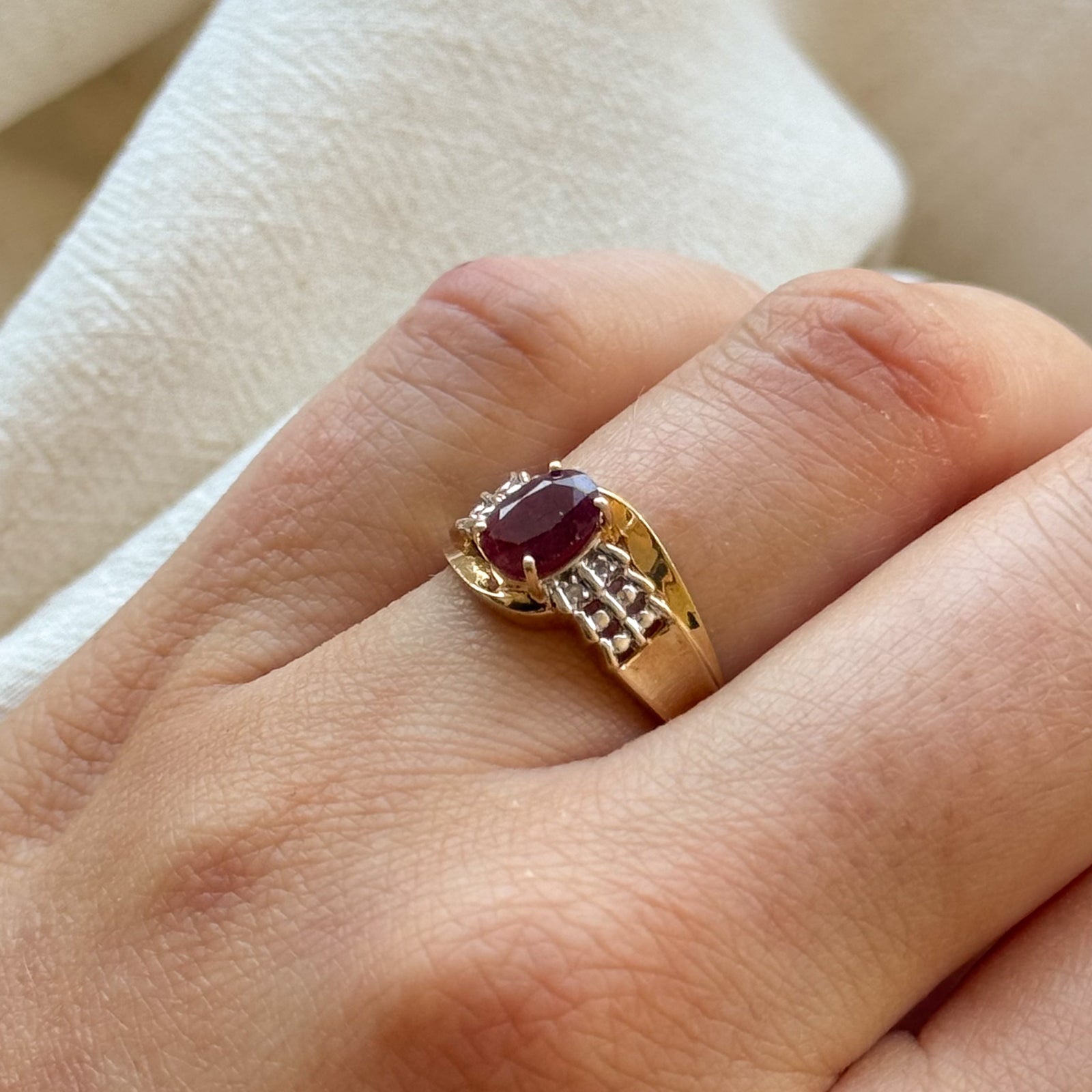 Oval Cut Ruby & Diamond Bypass Ring | 0.95ct, 0.02ctw | SZ 6.5 |
