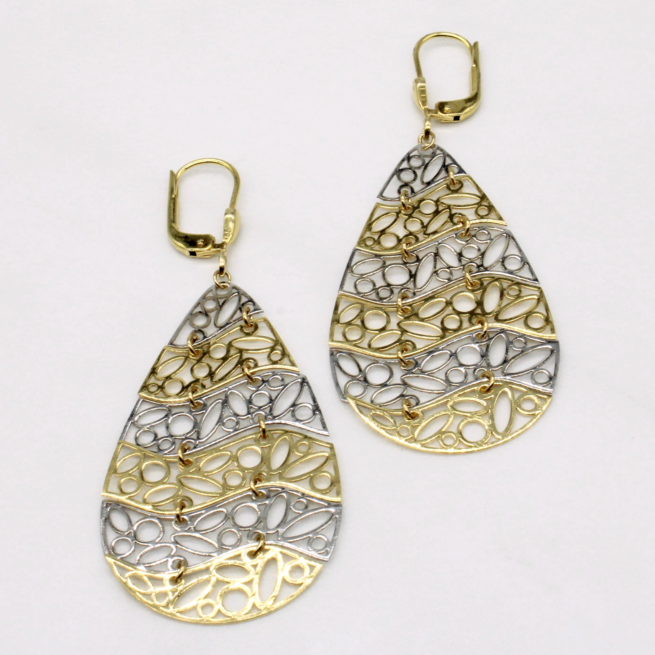 14k Two Tone Gold Lattice Drop Earrings
