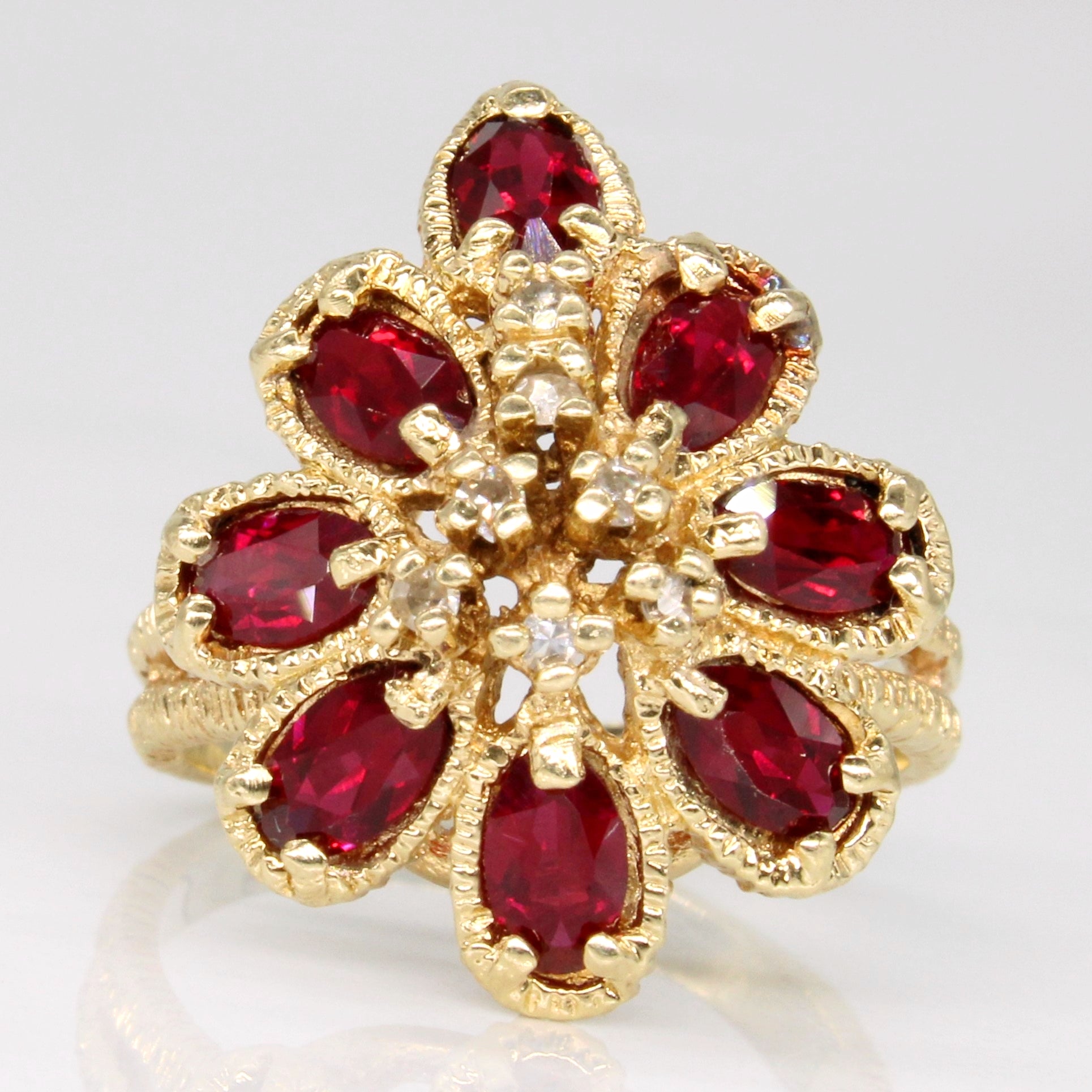 Synthetic Ruby & Diamond Cocktail Ring | 1.60ctw, 0.03ctw | SZ 6 |
