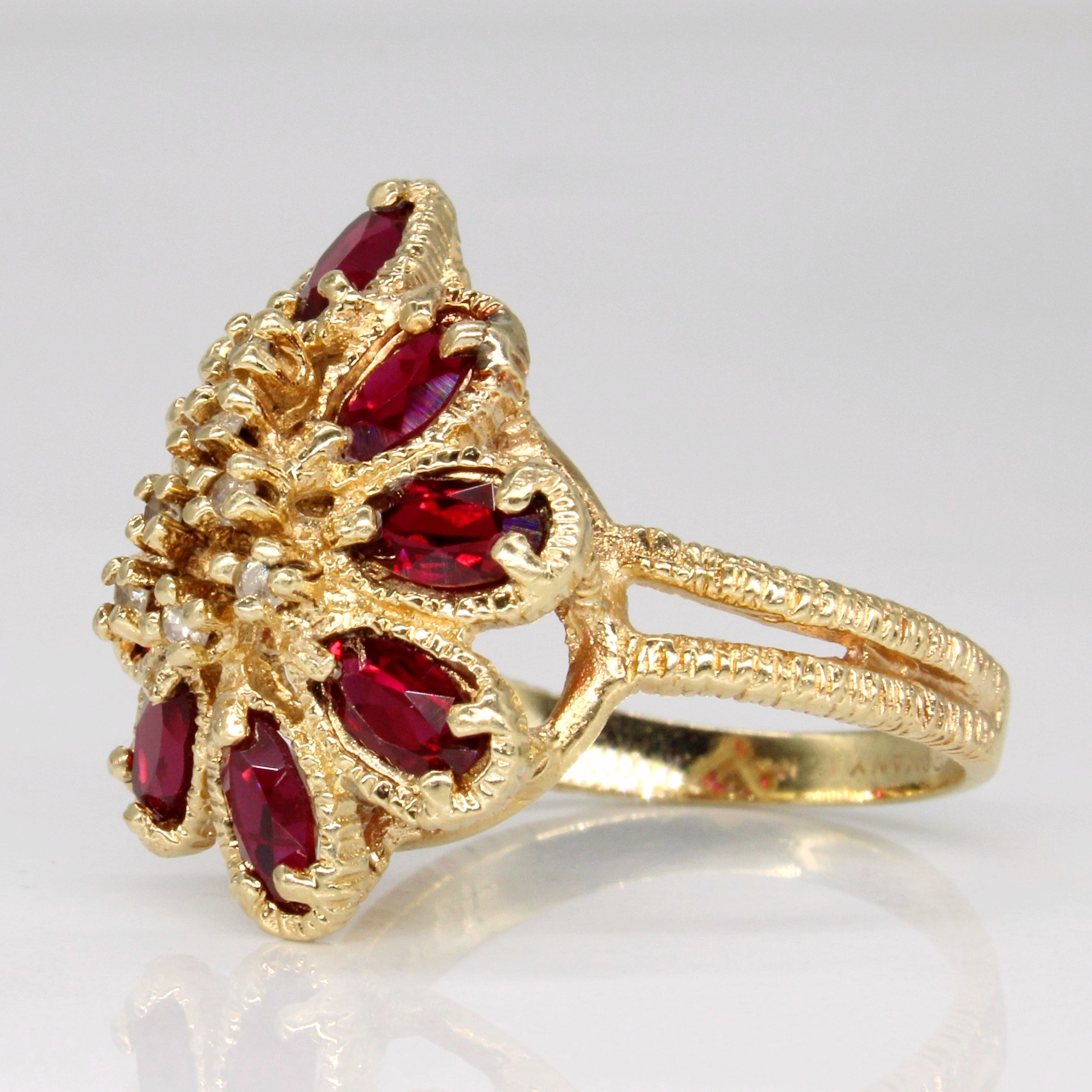 Synthetic Ruby & Diamond Cocktail Ring | 1.60ctw, 0.03ctw | SZ 6 |