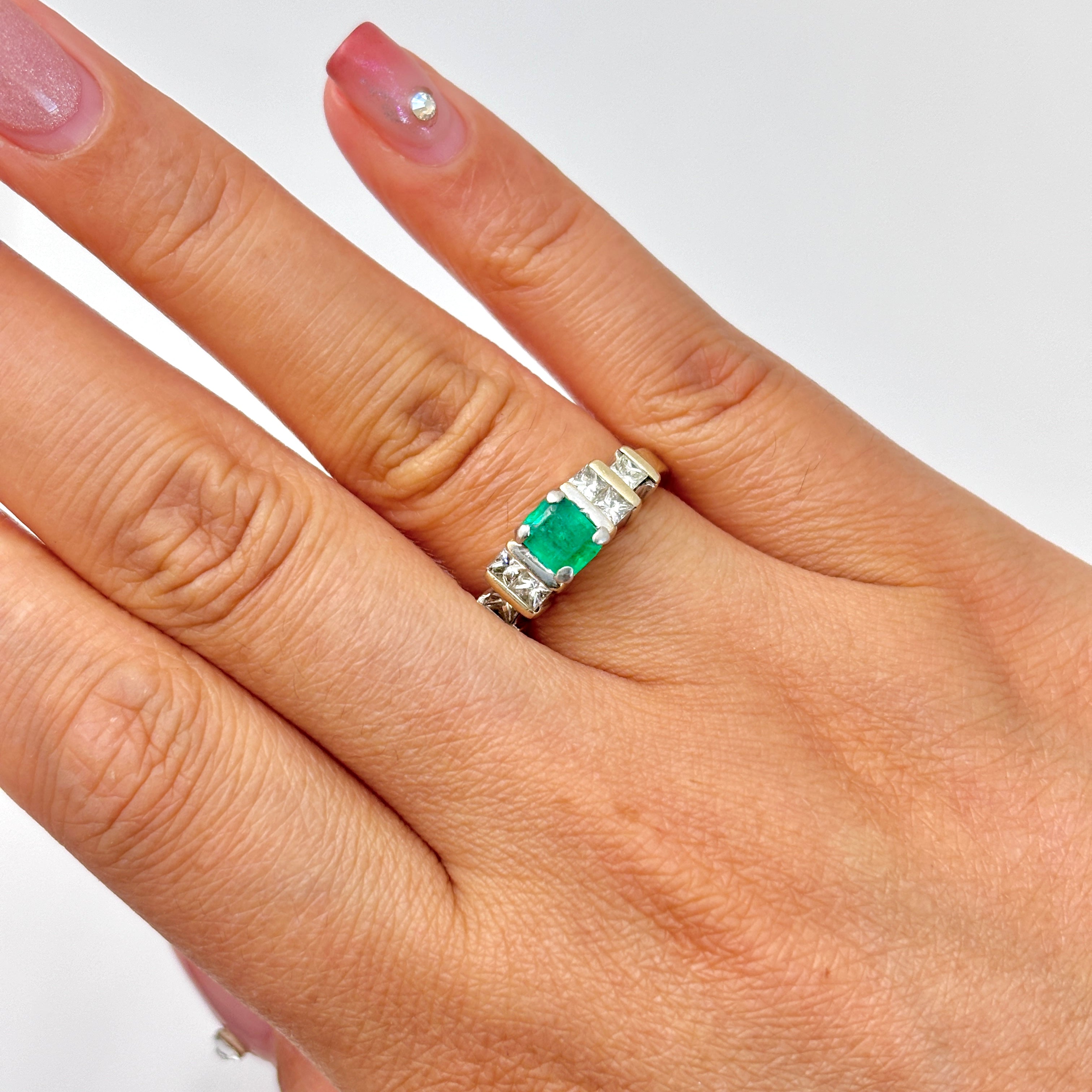 Platinum & 18k White Gold Emerald and Diamond Ring | 0.55ct, 0.54ctw | SZ 7.5