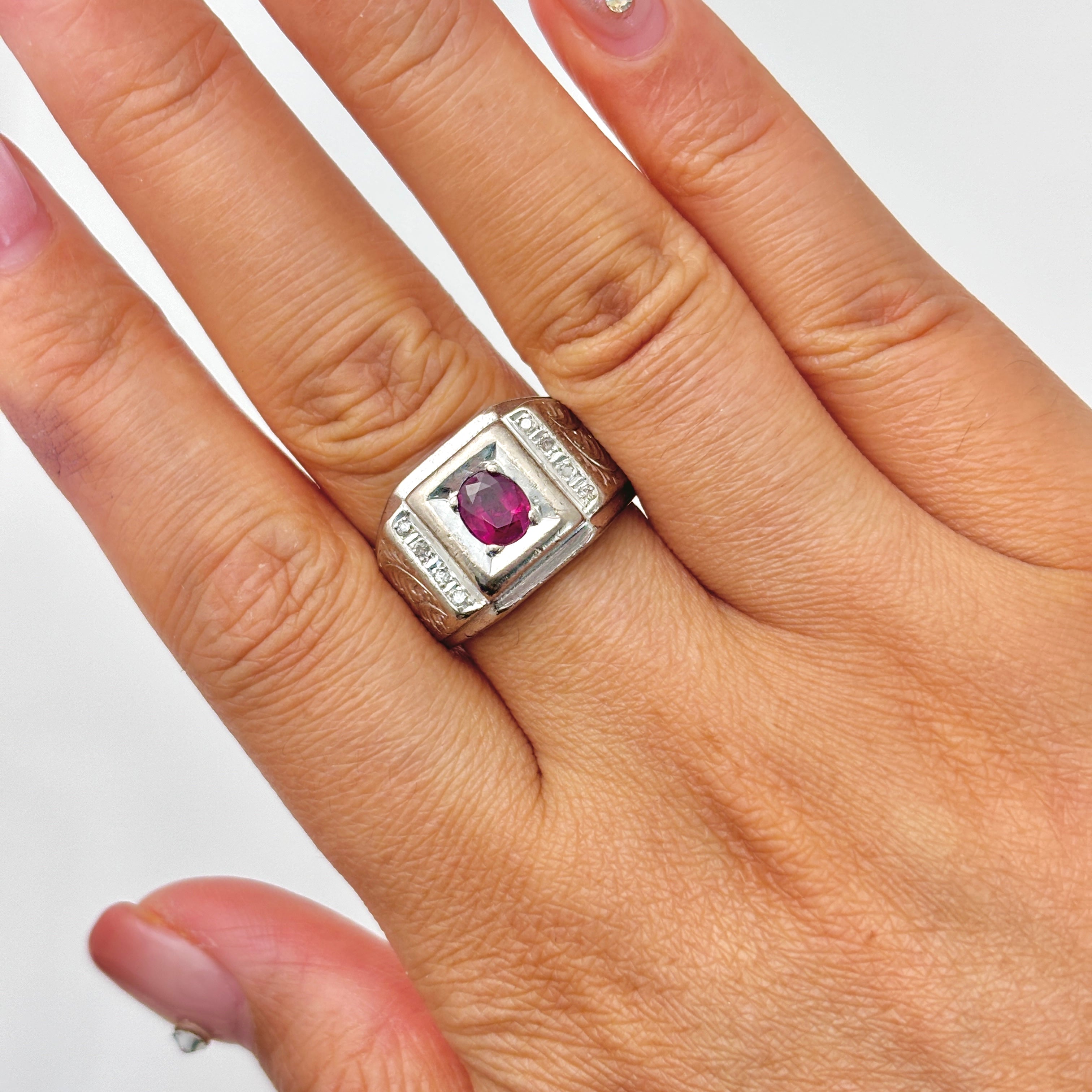 18k White Gold Ruby and Diamond Ring | 0.60ct, 0.08ctw | SZ 8.75