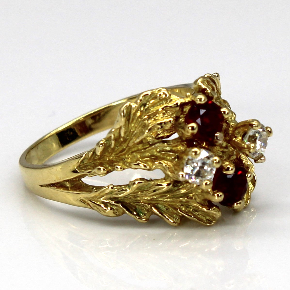 Ruby and Diamond Leaf 18k Ring| 0.54ct, 0.28ct | SZ 7