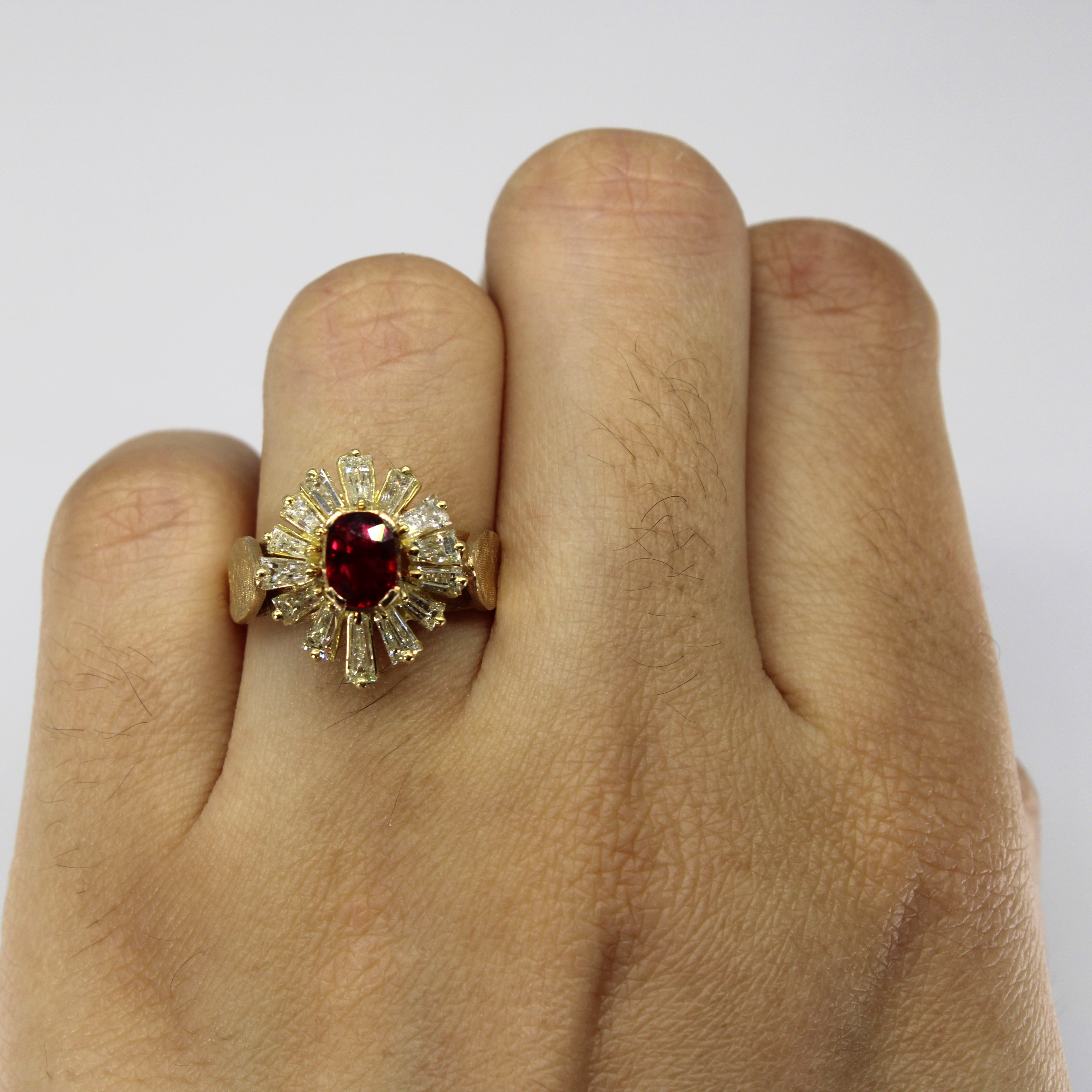 Ruby and Diamond Baguette Cluster 18k Ring | 0.91 ctw, 1.01ct | SZ 6 |