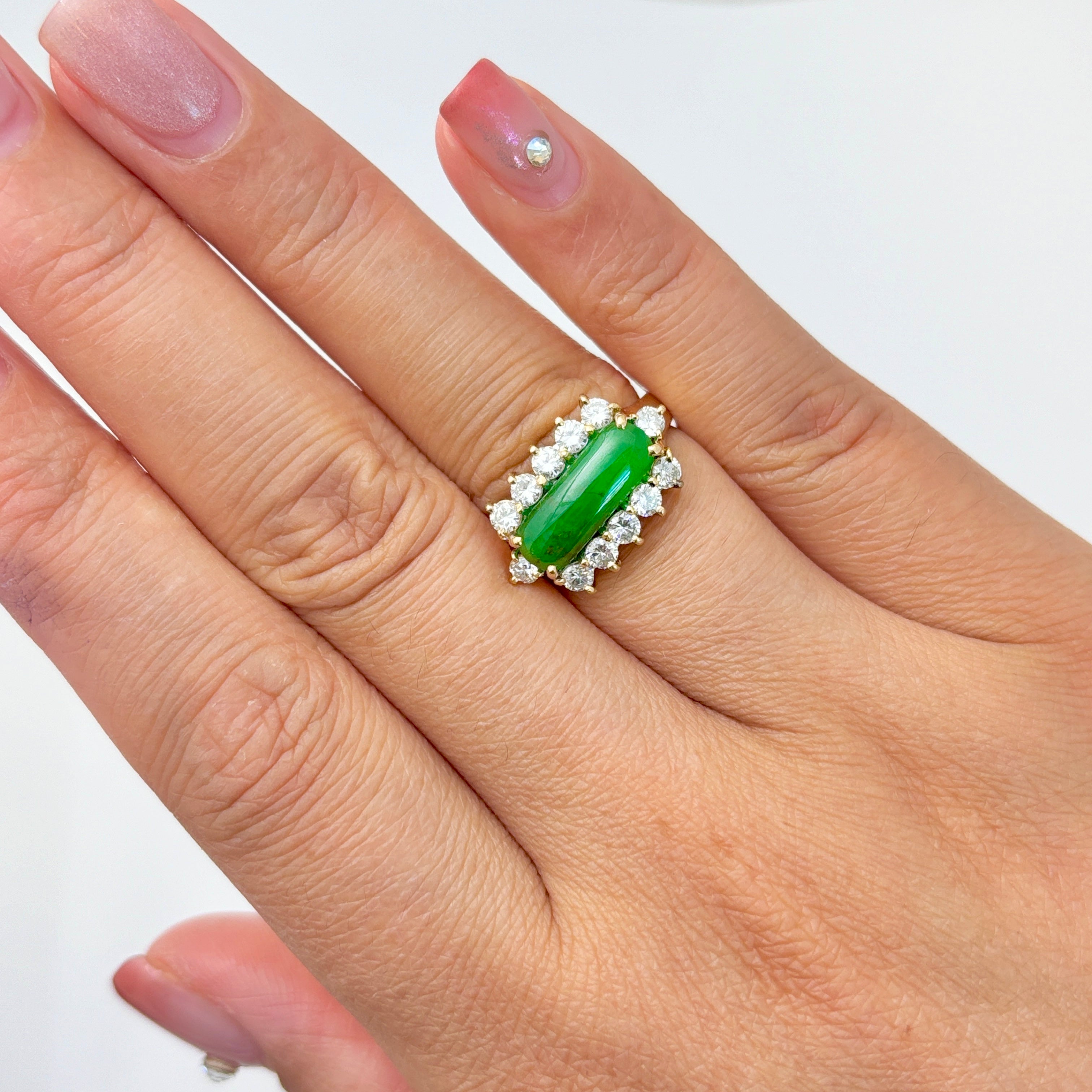 18k Yellow Gold Jade and Diamond Ring | 13.60x5x3mm, 0.67ctw | SZ 5.25
