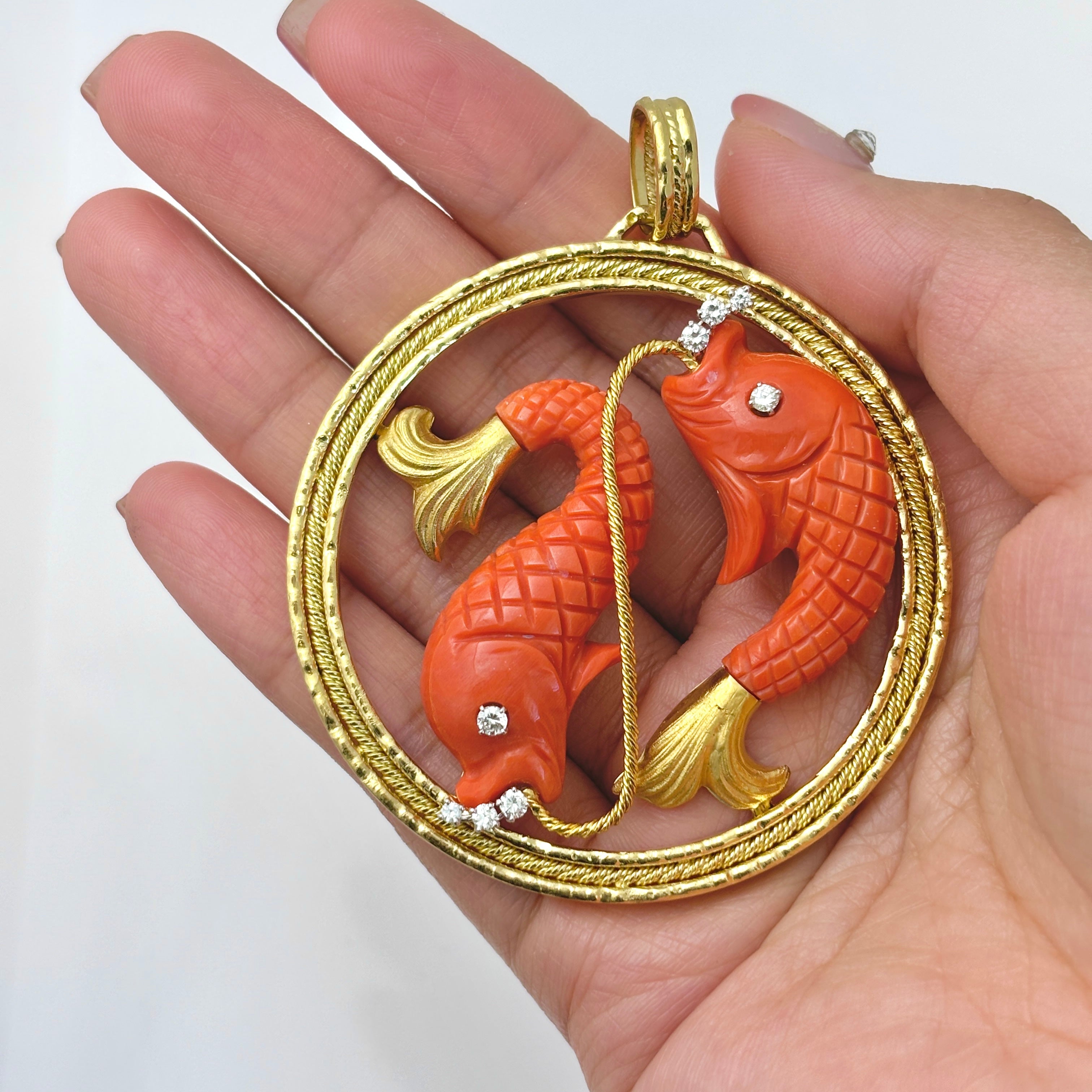 Vintage Italian 18k Orange Coral & Diamond Pisces Pendent | 40x18x6mm, 0.28ctw | 6x7cm