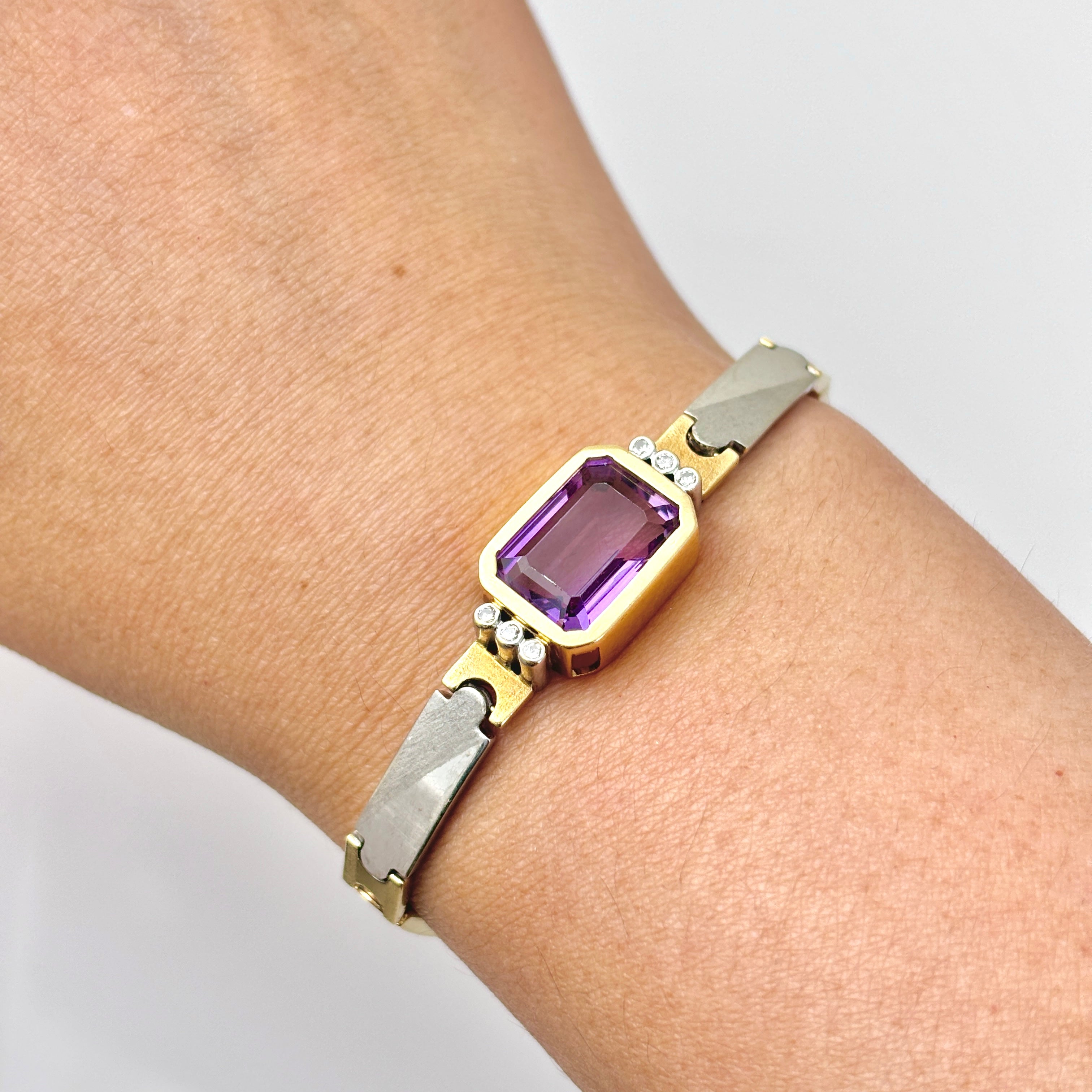 Italian 18k Tri-Tone Gold Amethyst & Diamond Bracelet | 6.55ct, 0.09ctw | 7"