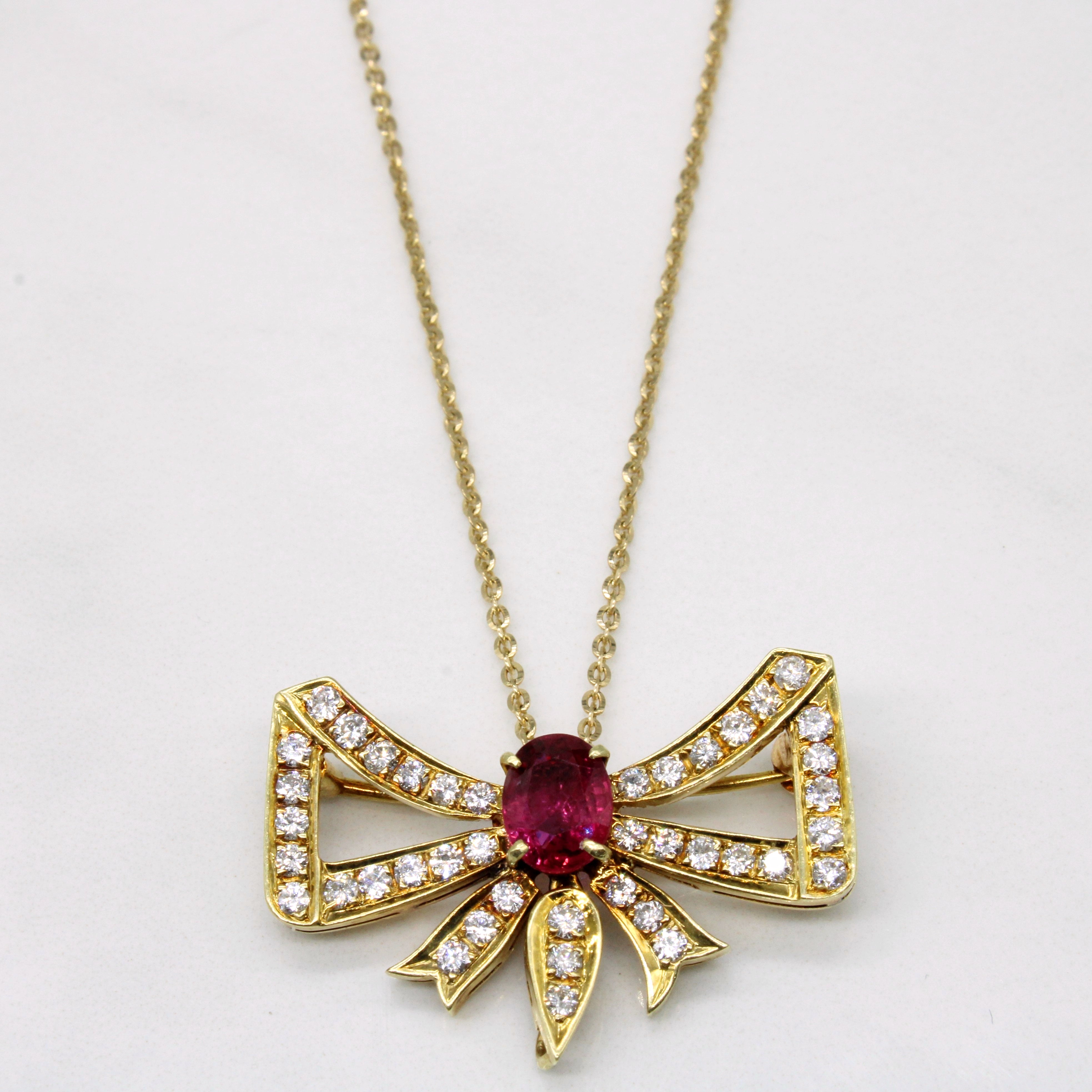 Ruby & Diamond Bow Modified Pendant & Brooch Necklace | 1.09ct, 0.76ctw | 20" |