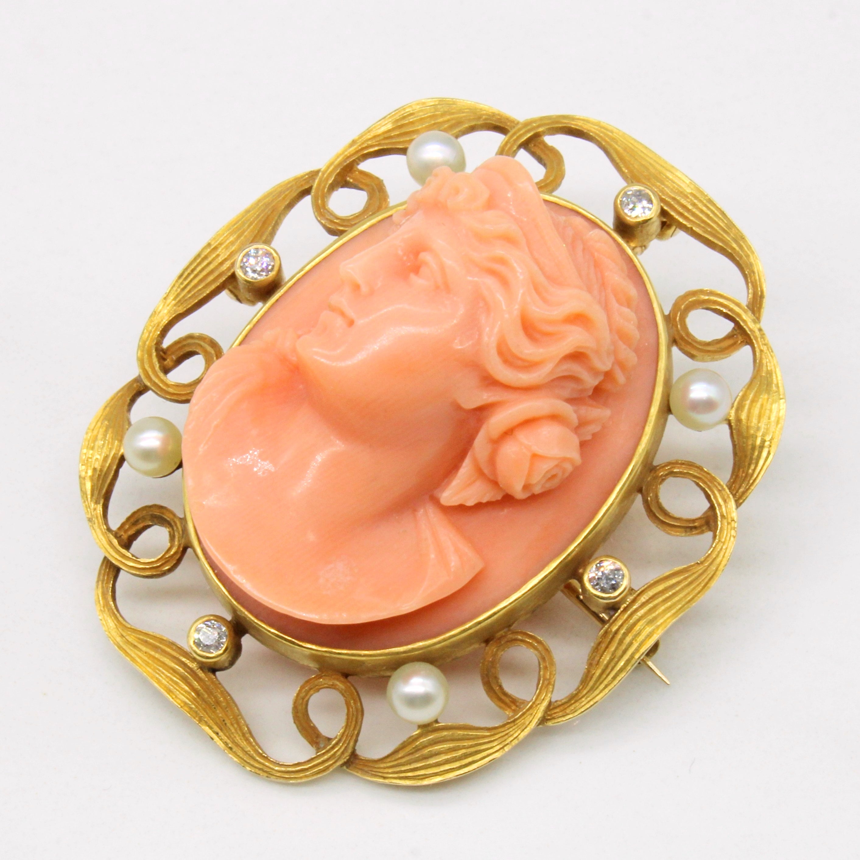 Coral Cameo with Pearls & Diamonds Brooch/Pendant | 30.00ct, 0.09ctw |