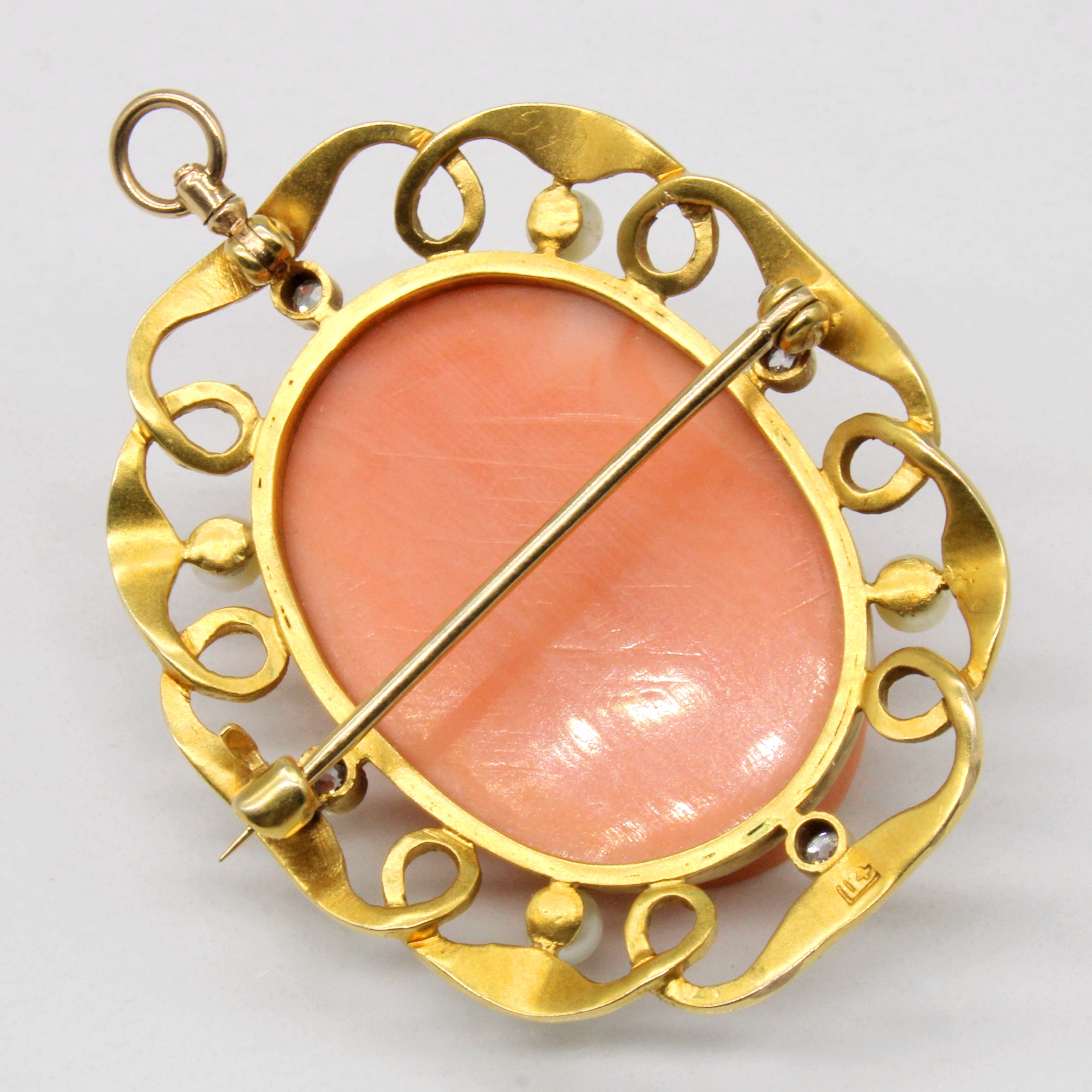 Coral Cameo with Pearls & Diamonds Brooch/Pendant | 30.00ct, 0.09ctw |