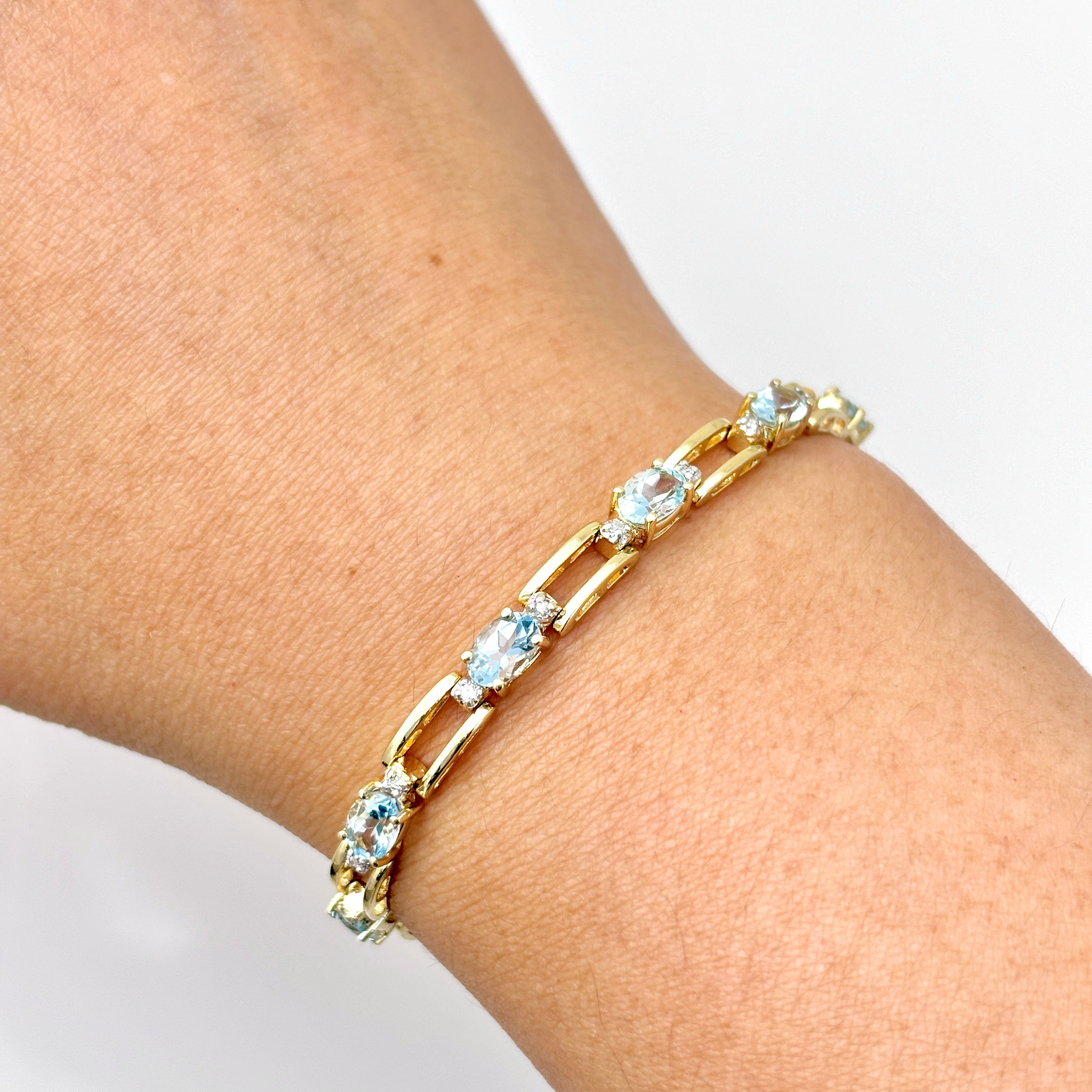 14k Yellow Gold Aquamarine and Diamond Bracelet | 4.40ctw, 0.13ctw | 7"