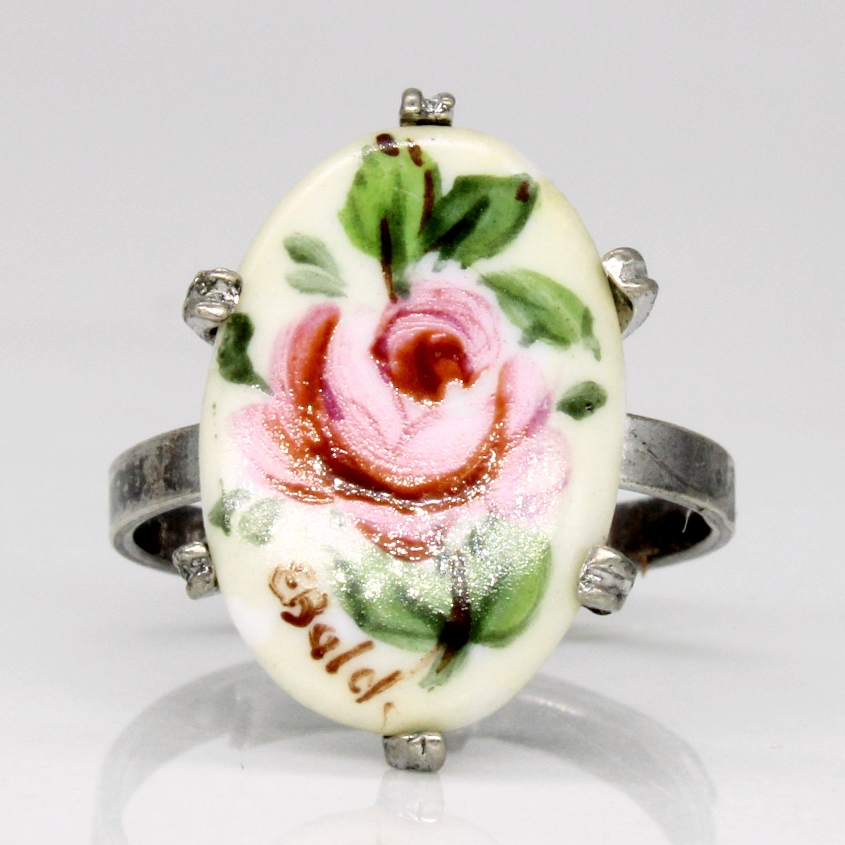 Silver & Hand Painted Porcelain Flower Ring | SZ 5.25 |