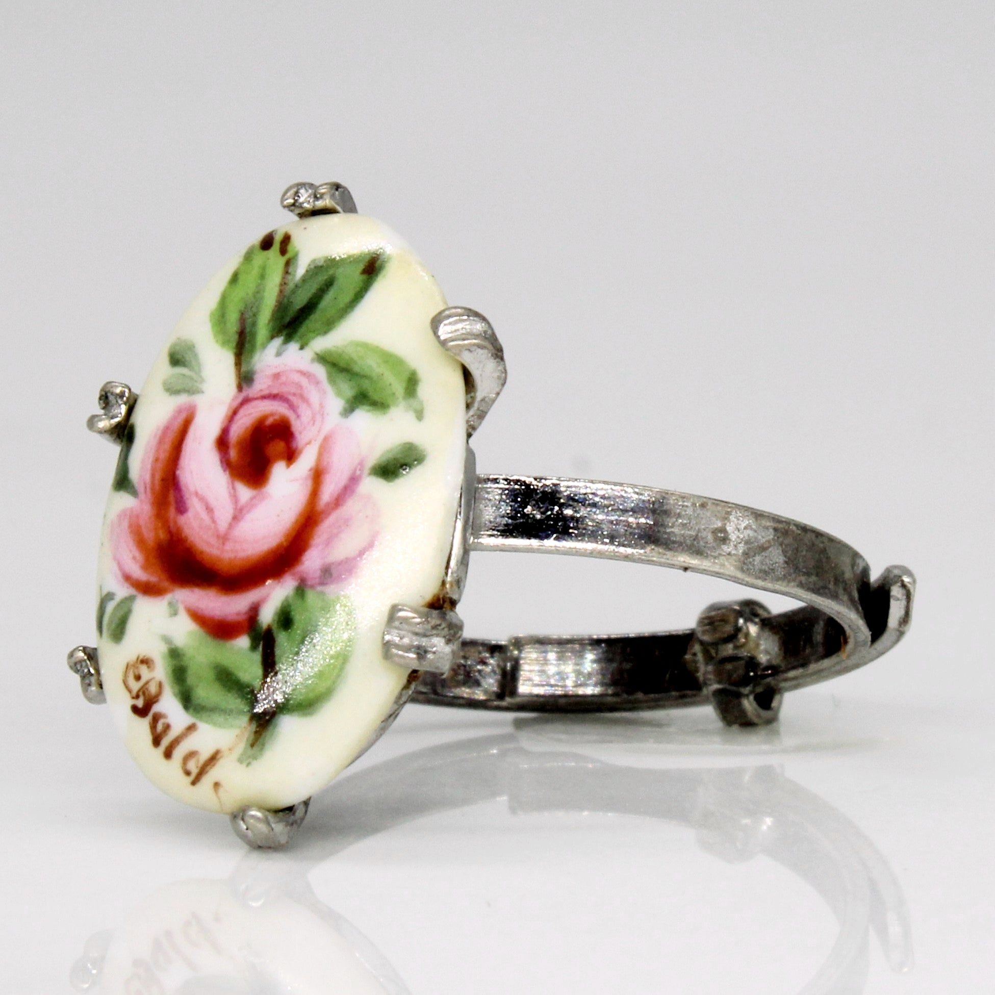 Silver & Hand Painted Porcelain Flower Ring | SZ 5.25 |