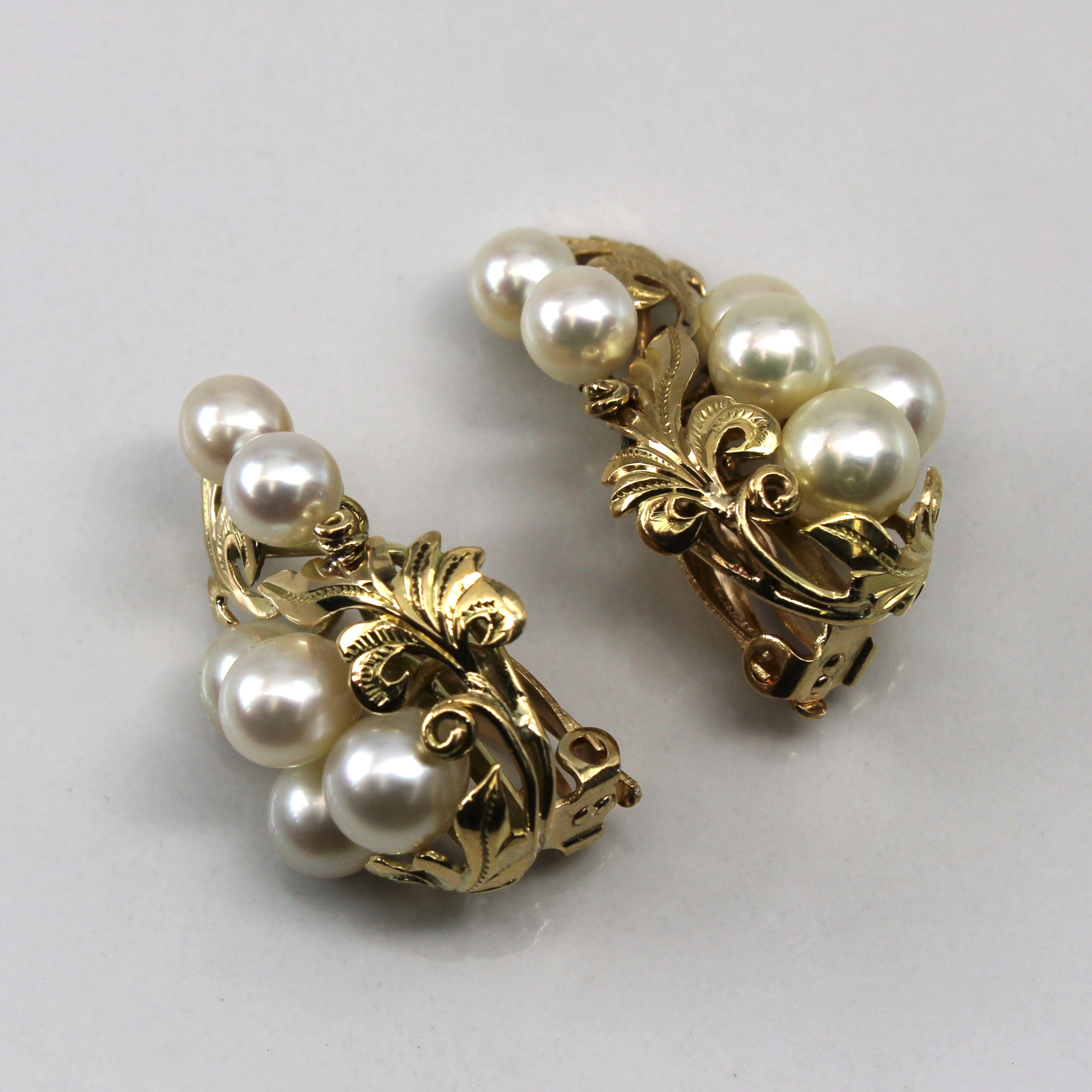Multi Pearl Floral Gold Clip Earrings