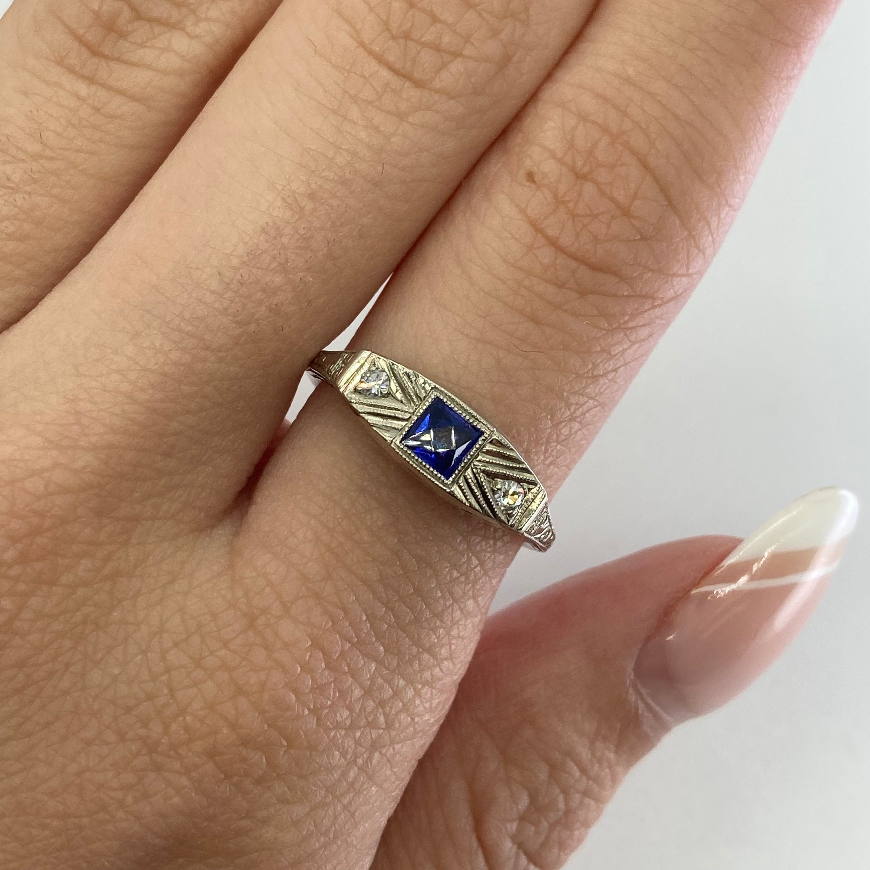Art Deco Synthetic Sapphire & Diamond Ring | 0.23ct, 0.06ctw | SZ 7.25 |