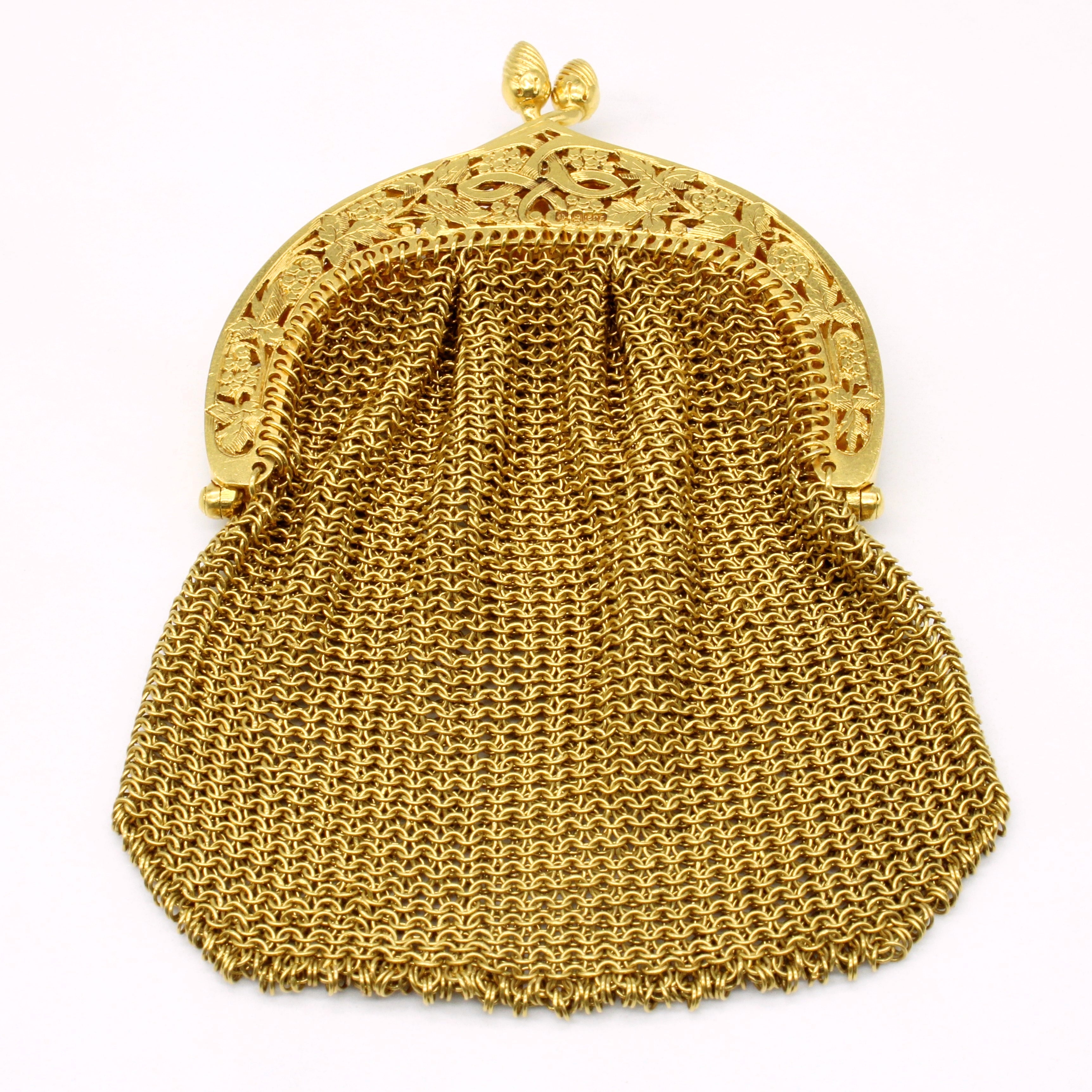 Victorian 15k Yellow Gold Change Purse with Leaf and Grape Motif and Acorn Clasp | 47.5g