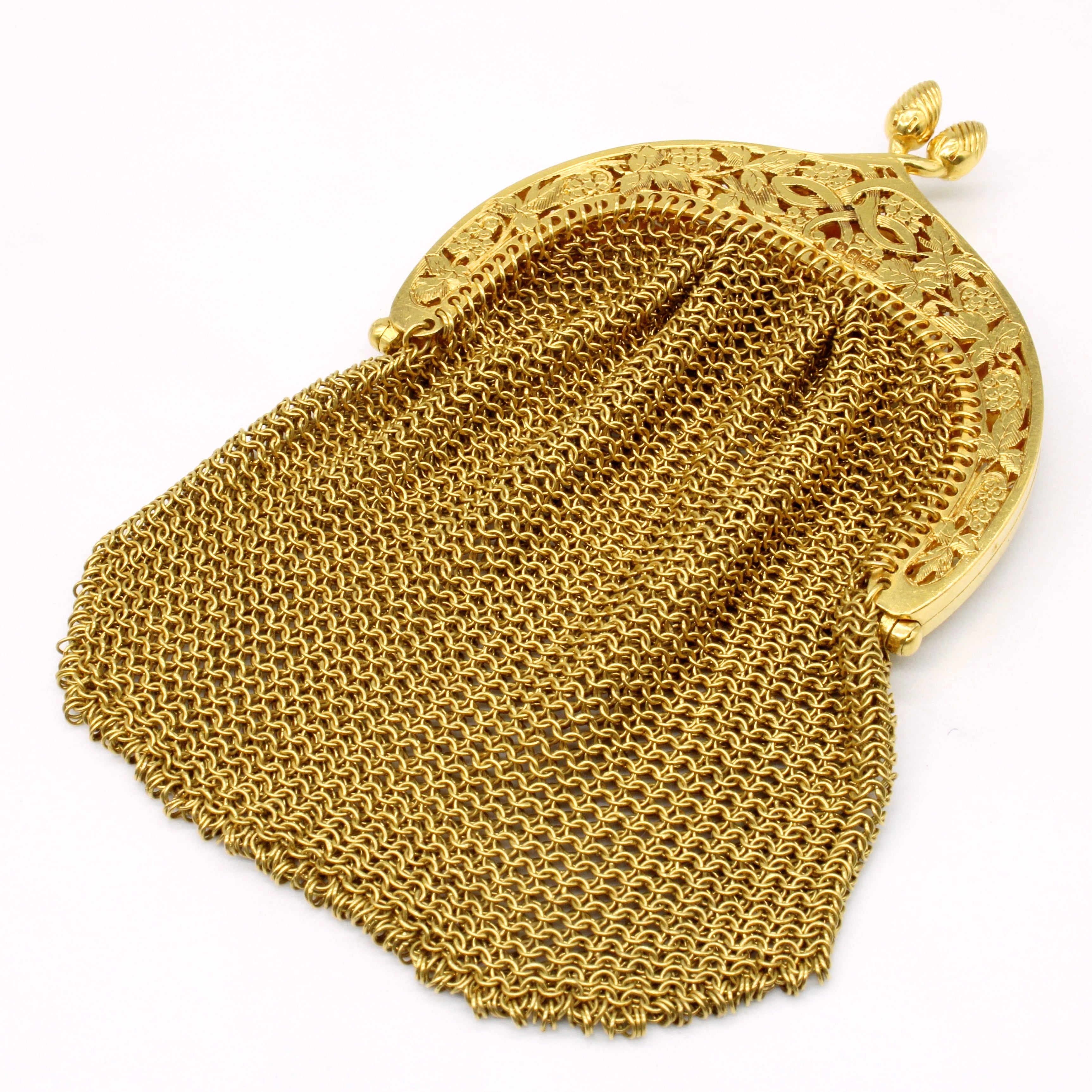 Victorian 15k Yellow Gold Change Purse with Leaf and Grape Motif and Acorn Clasp | 47.5g