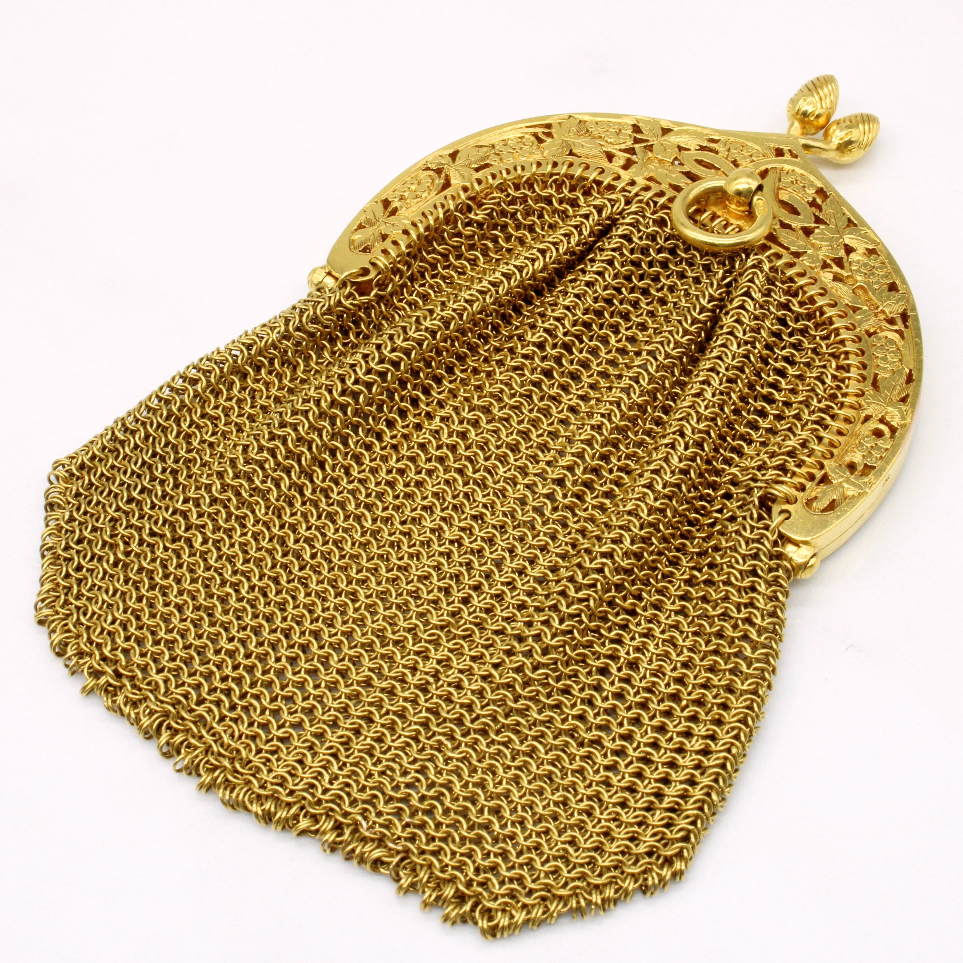 Victorian 15k Yellow Gold Change Purse with Leaf and Grape Motif and Acorn Clasp | 47.5g