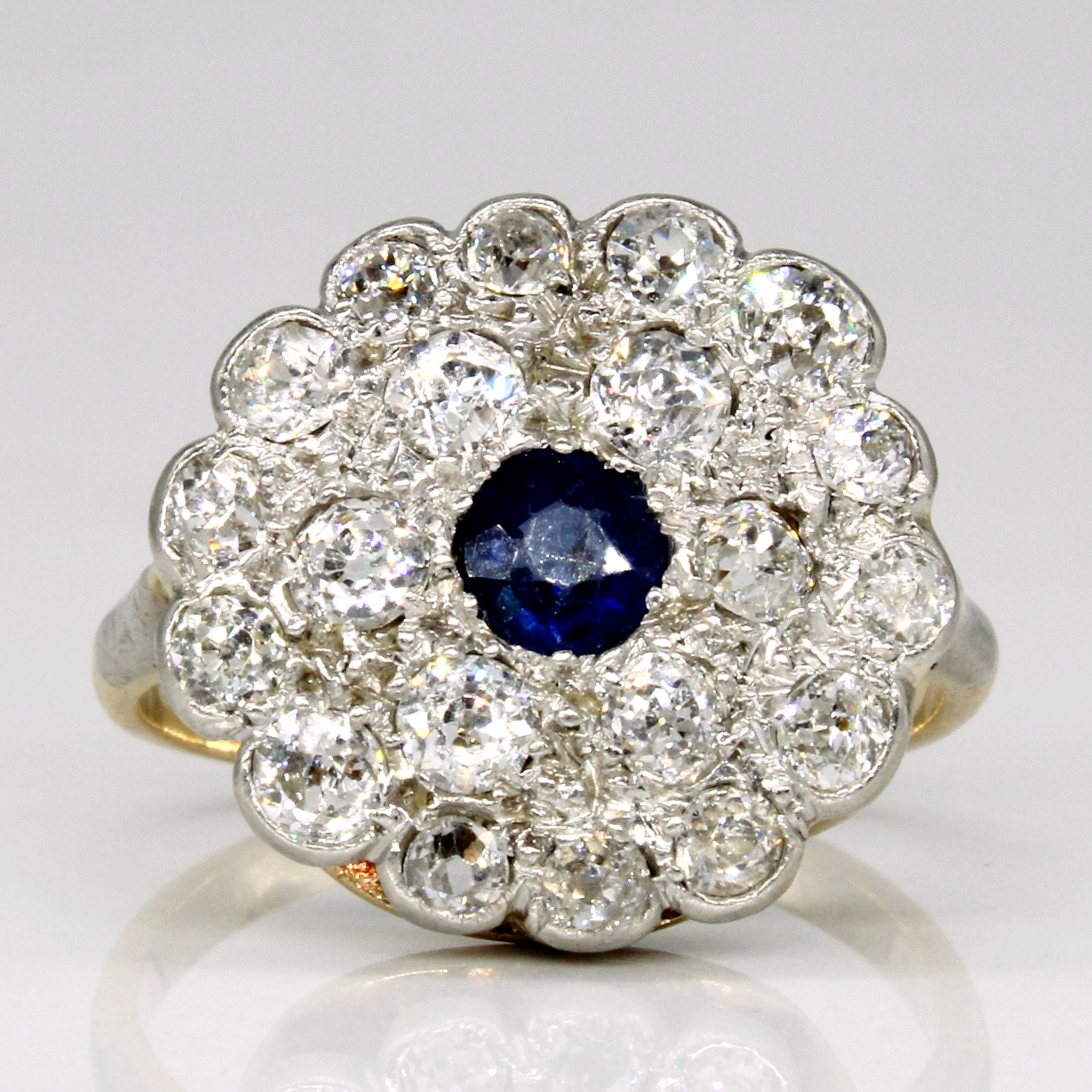 Edwardian Platinum Topped 14k Gold Old European Cut Diamond & Sapphire Halo Ring | 2.30ctw, 0.36ct | SZ 6.75 |