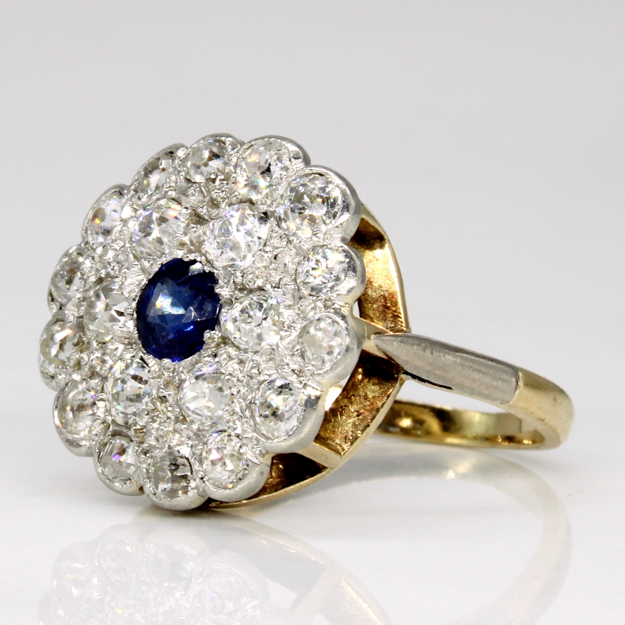 Edwardian Platinum Topped 14k Gold Old European Cut Diamond & Sapphire Halo Ring | 2.30ctw, 0.36ct | SZ 6.75 |