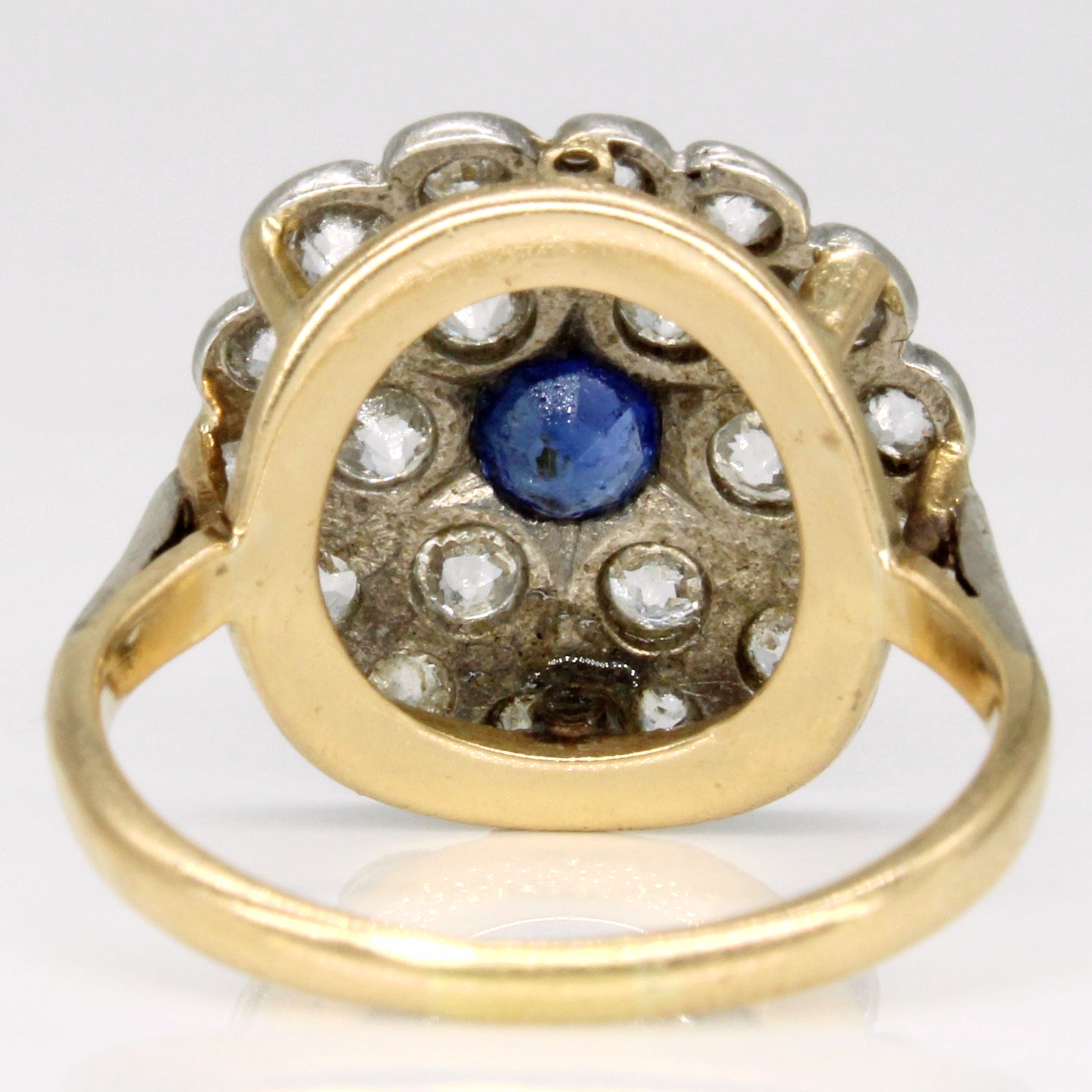 Edwardian Platinum Topped 14k Gold Old European Cut Diamond & Sapphire Halo Ring | 2.30ctw, 0.36ct | SZ 6.75 |