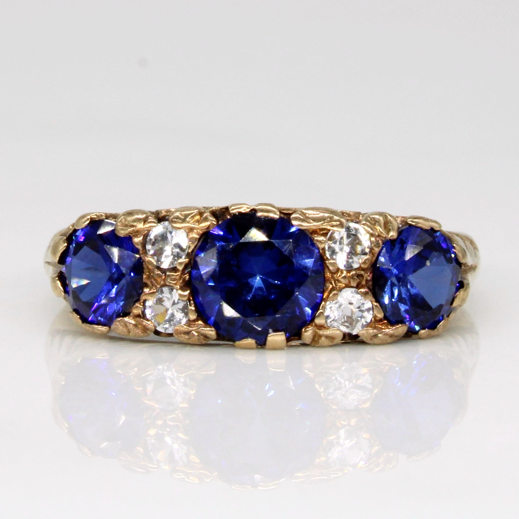 Vintage 9k Synthetic Sapphire & Colourless Topaz Ring | 1.75ctw, 0.12ctw | SZ 6.5 |